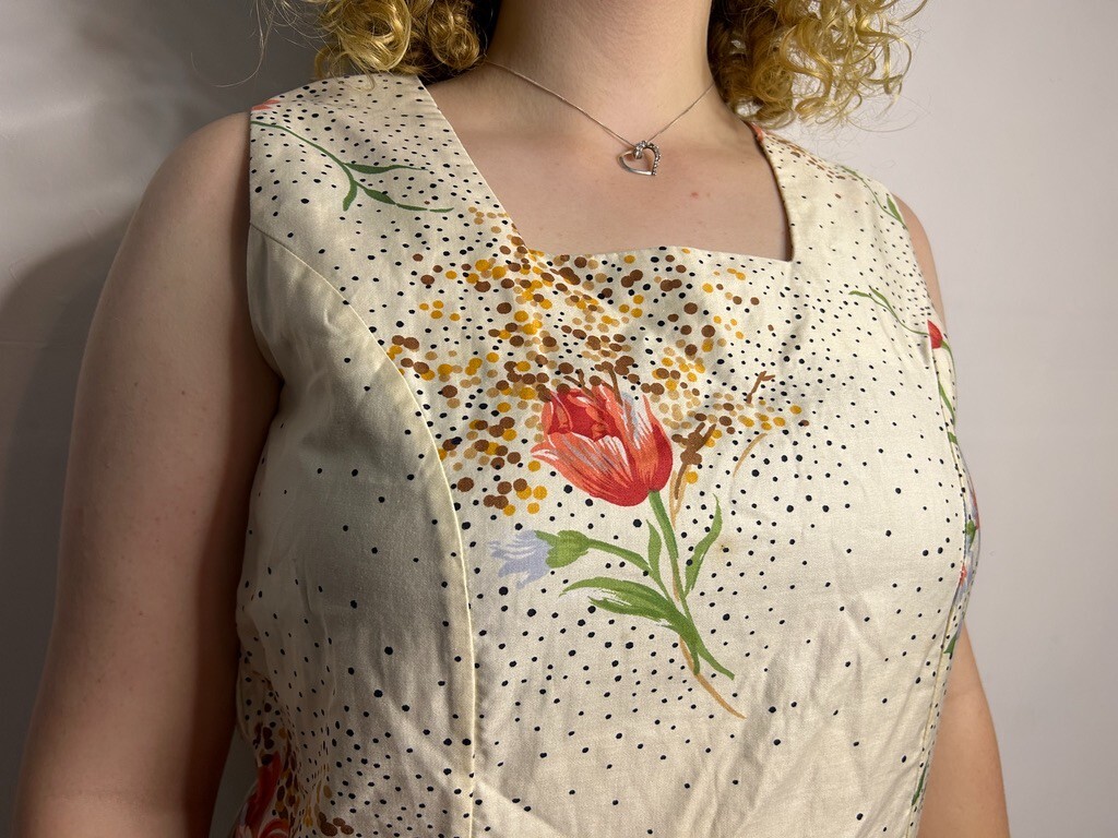 Vintage Handmade Cotton Blouson Dress Square Neckline Floral A-Line AU 12-14