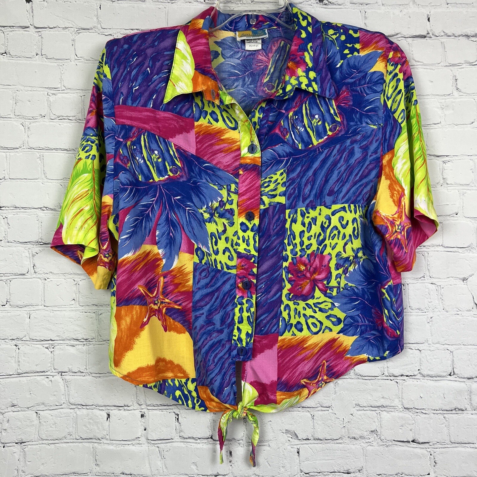 Vintage Sea Suns Neon Bright Floral Tropical Leopard Beach Pants & Top Set XL