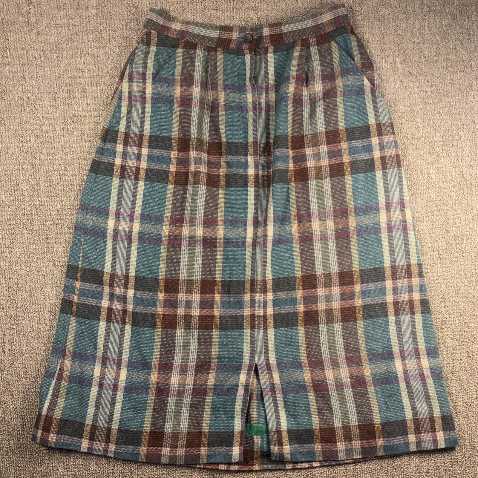 Vintage 1950s Handmade Plaid A-Line Midi Skirt Robin Zipper Teal Burgundy 27W