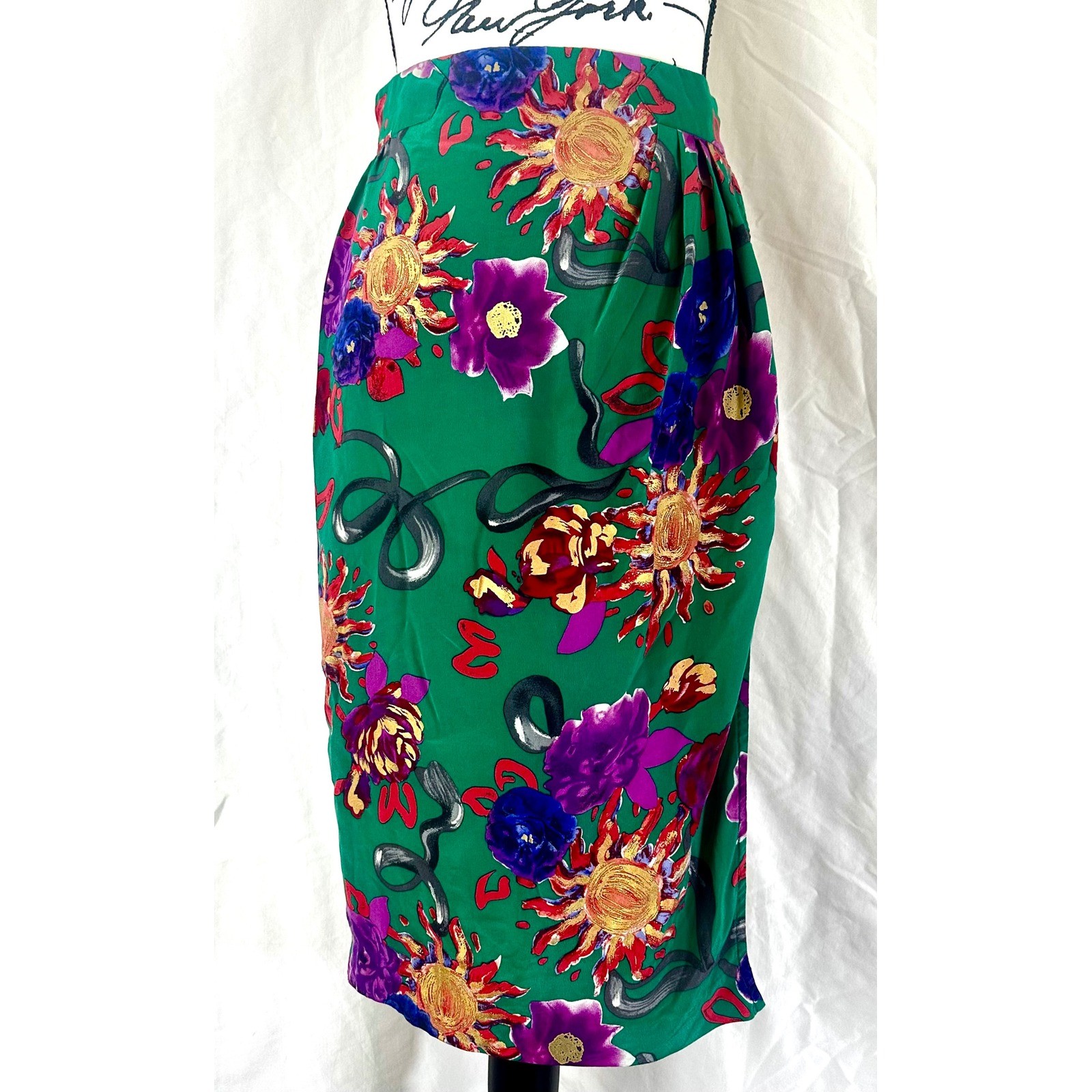 Vintage 100% Silk Carlisle Faux Wrap Midi Pencil Skirt Women’s 4 Bold Floral 90s