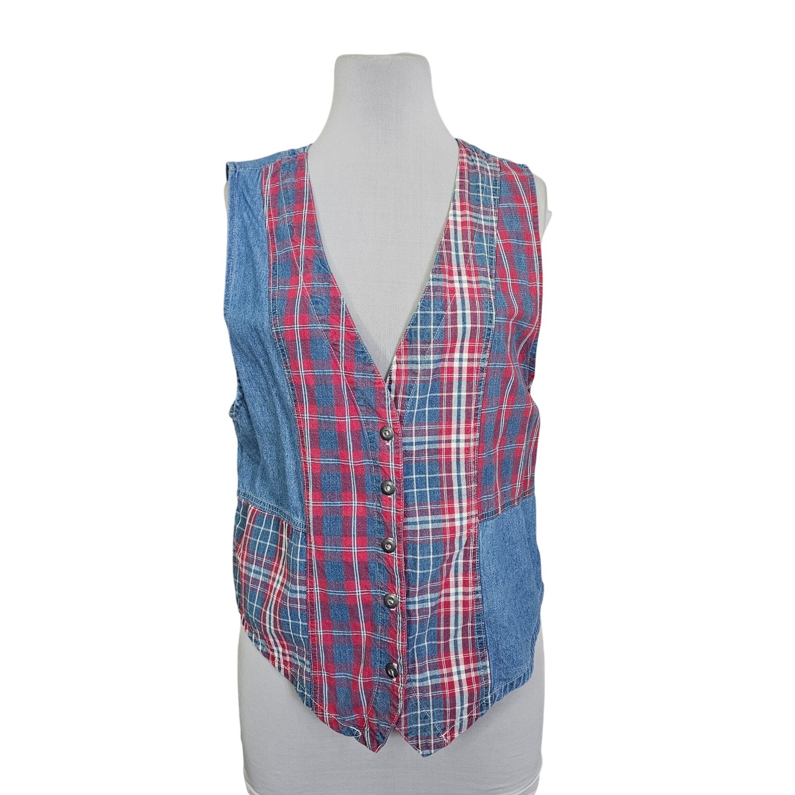 Vintage Stampede Denim Plaid Vest USA 90s Western Patchwork Button L