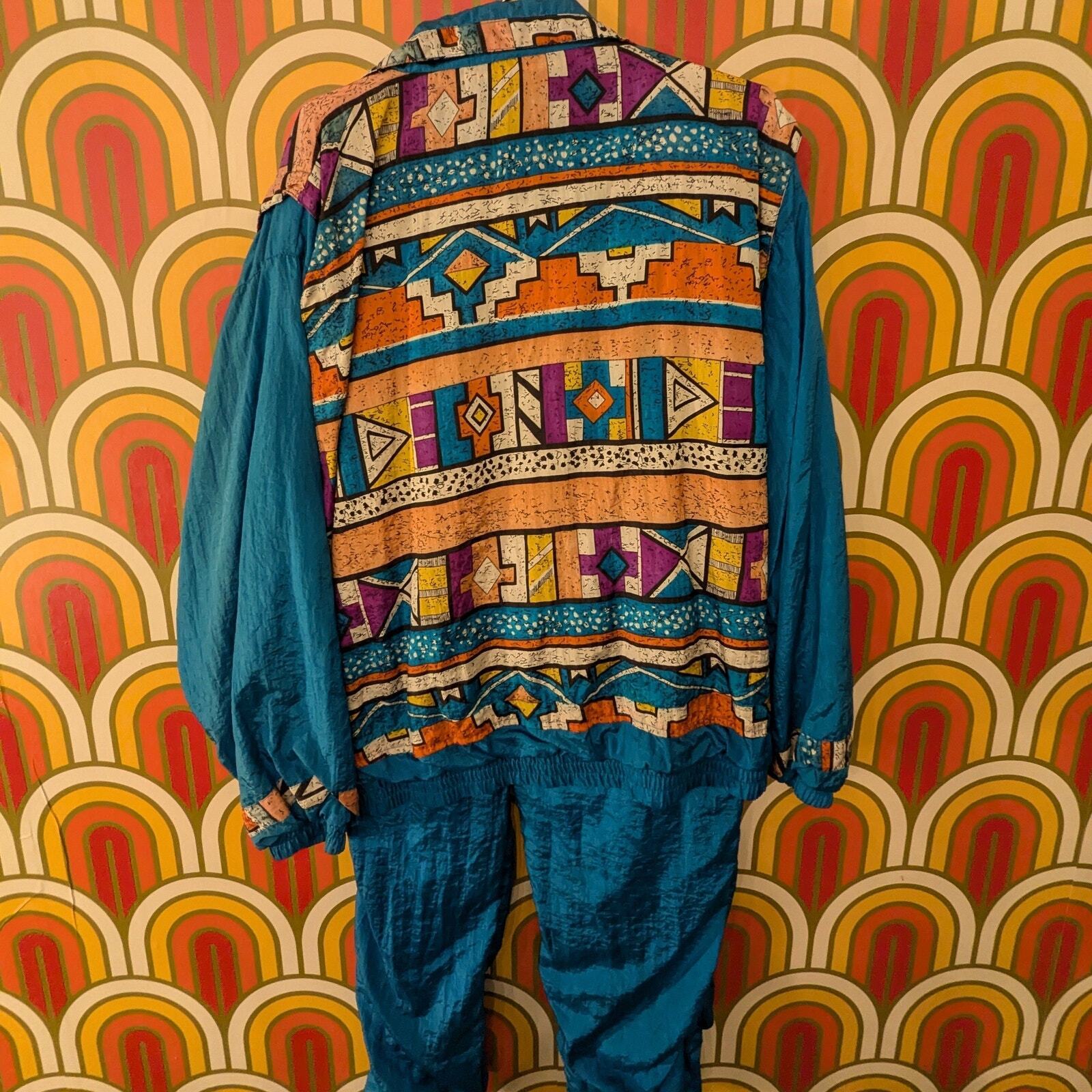 Vintage 90s Laura Katherine Full Zip Teal Blue Lined Windbreaker Sz L Aztec