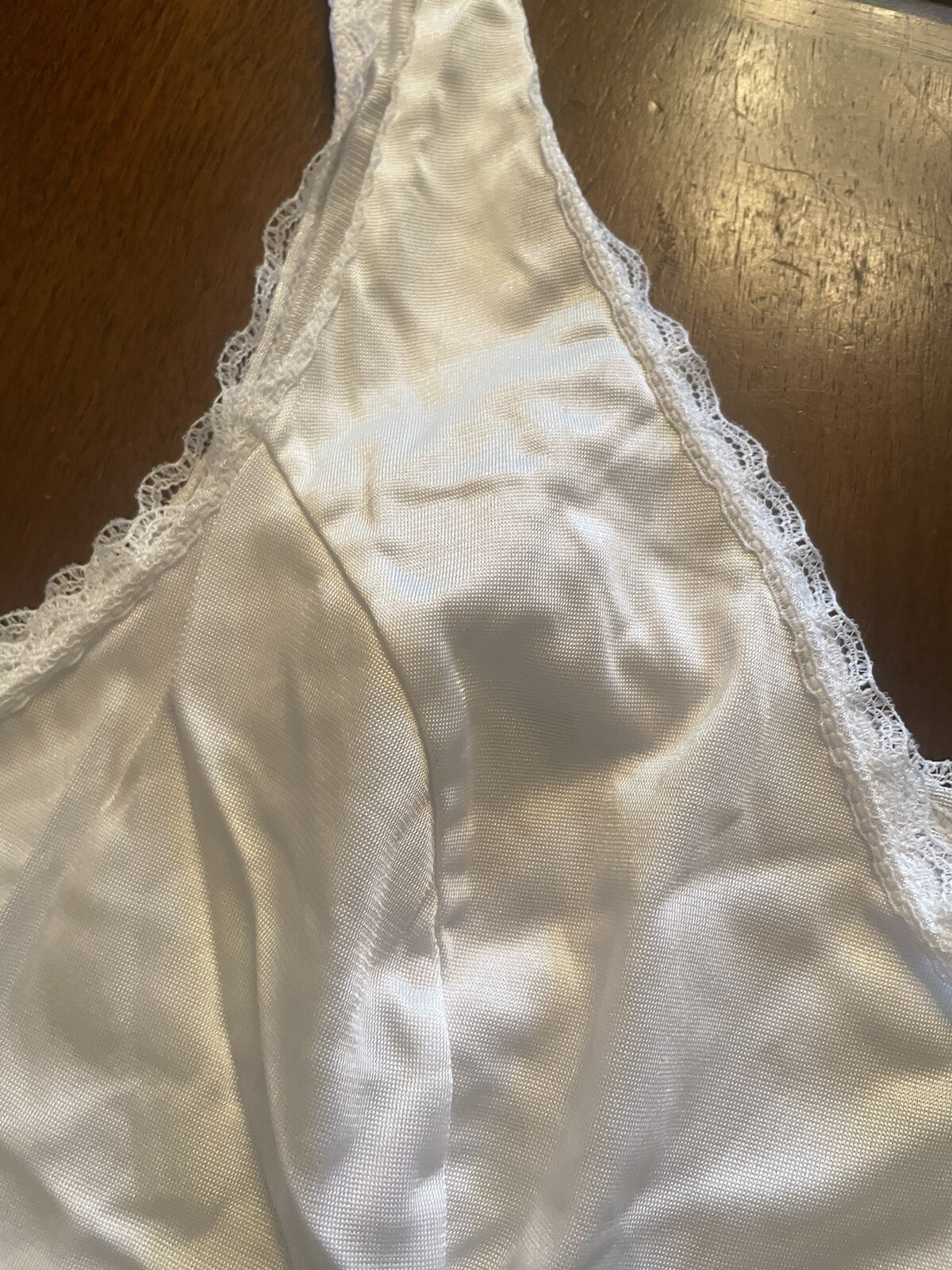 Vintage Vasserette V-Neck Cami Top Lace Trim Size Large White 100% Nylon Stretch