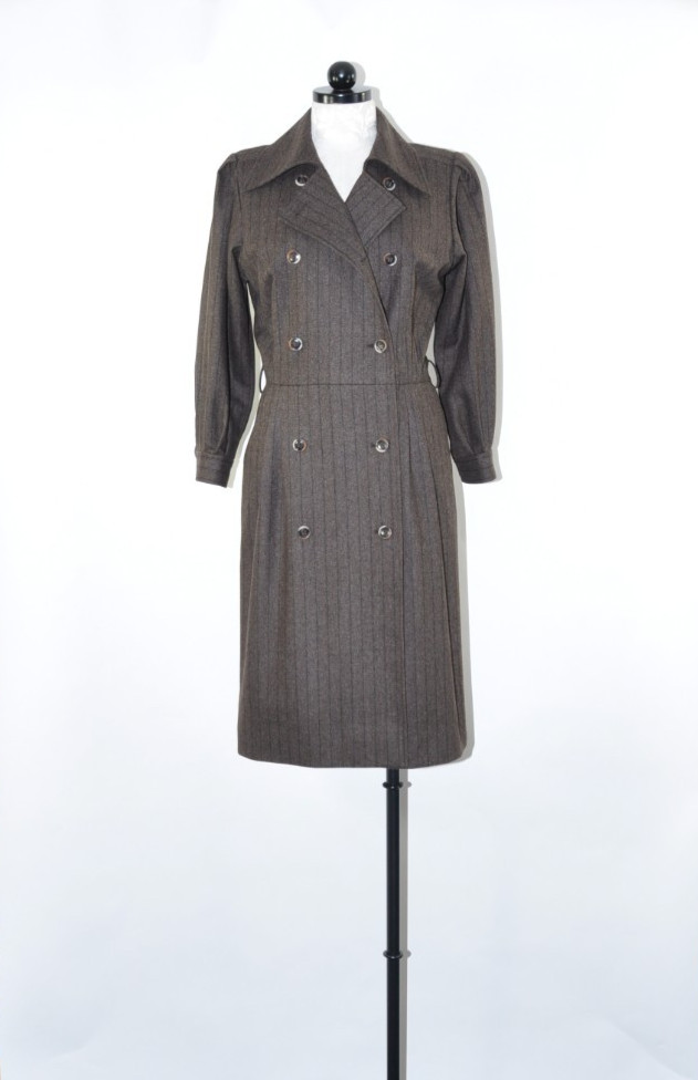 80s Vintage Saint Laurent Rive Gauche Brown Stripe Wool Tweed Coat Dress Women M