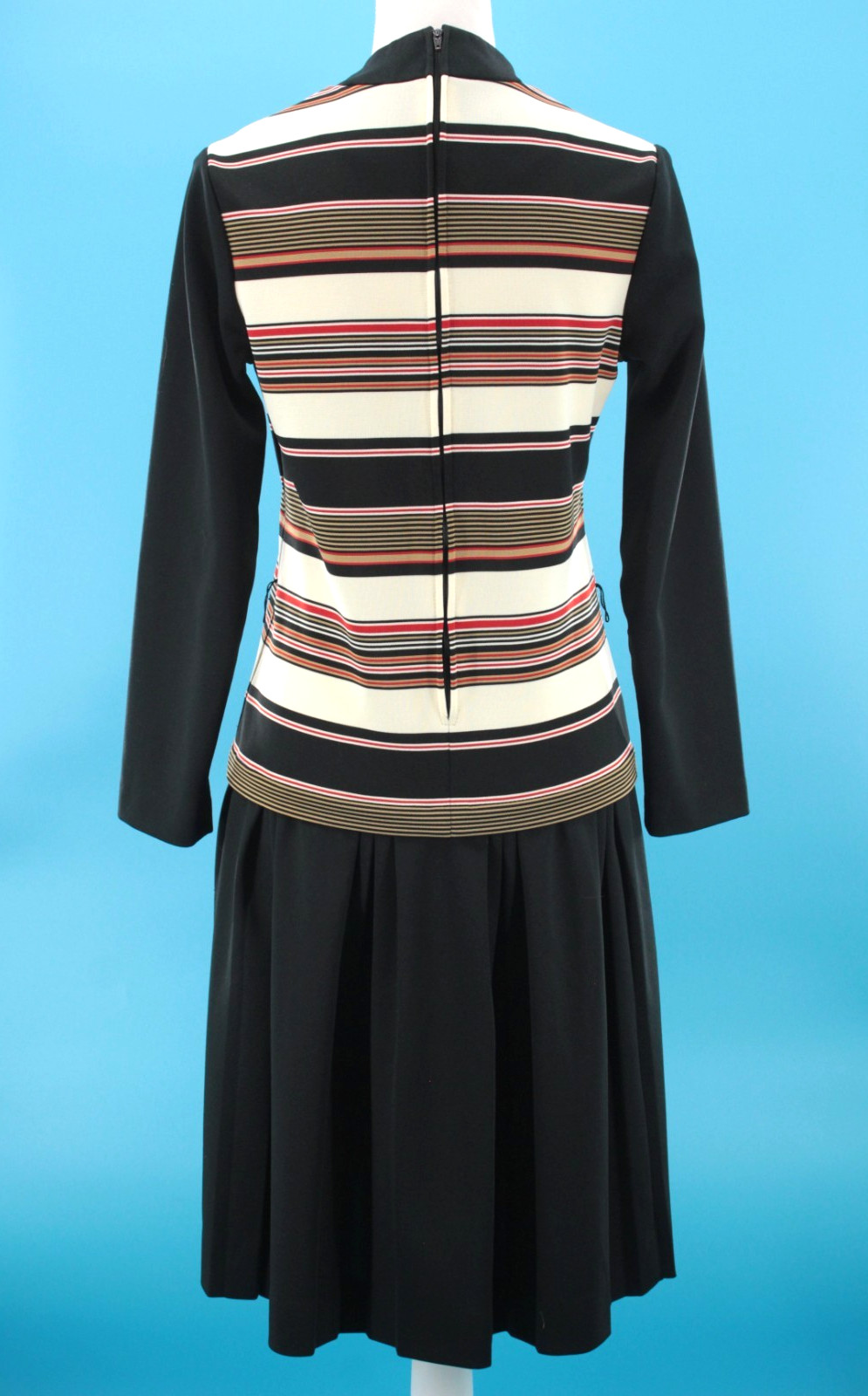 VTG Women’s 60s Black Cream & Red Striped Drop Waist Midi Dress Sz M 1960s