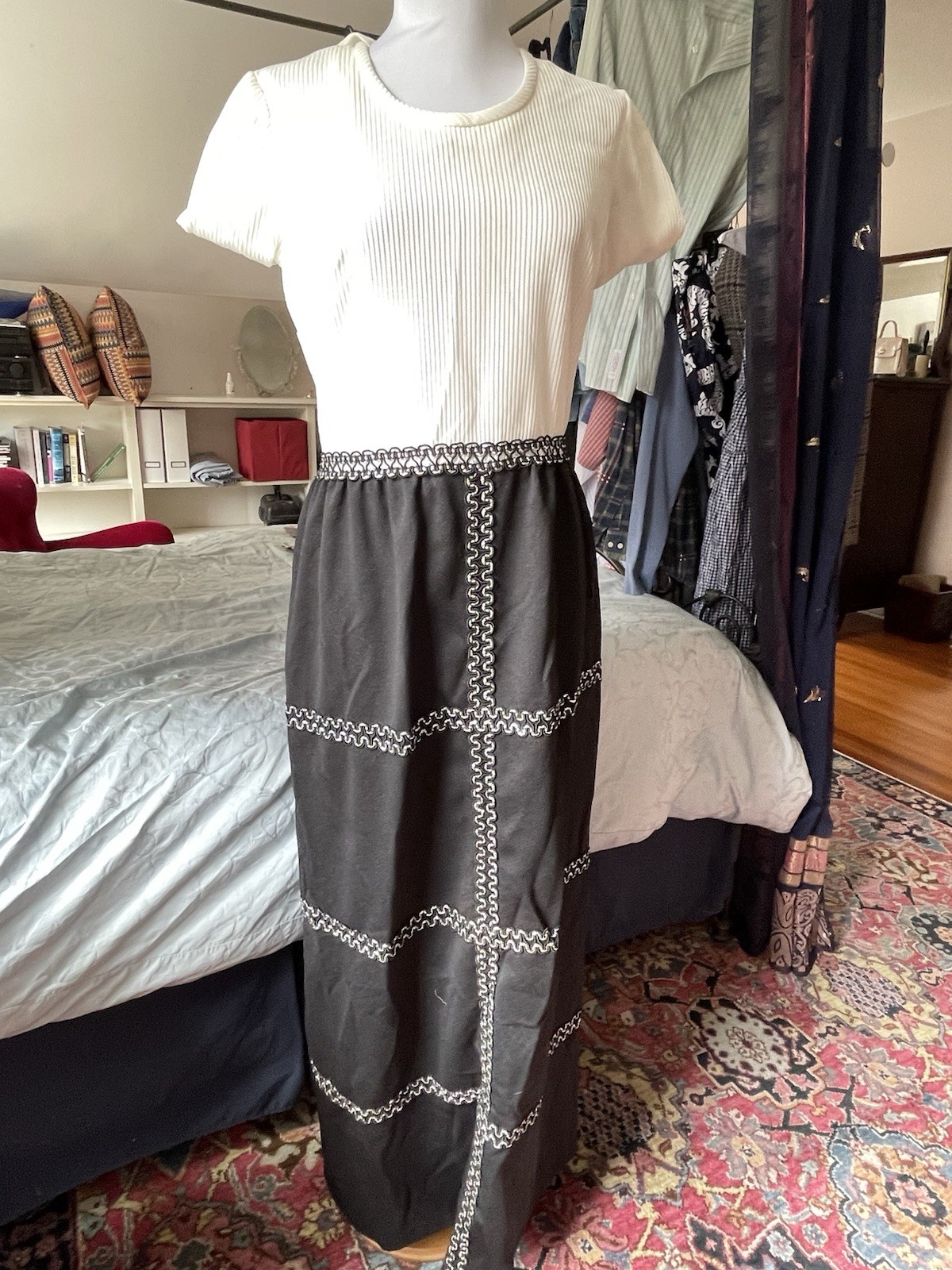VTG 60s Black White Longsleeve Gown With Embellished Silver Trim Holly Golightly