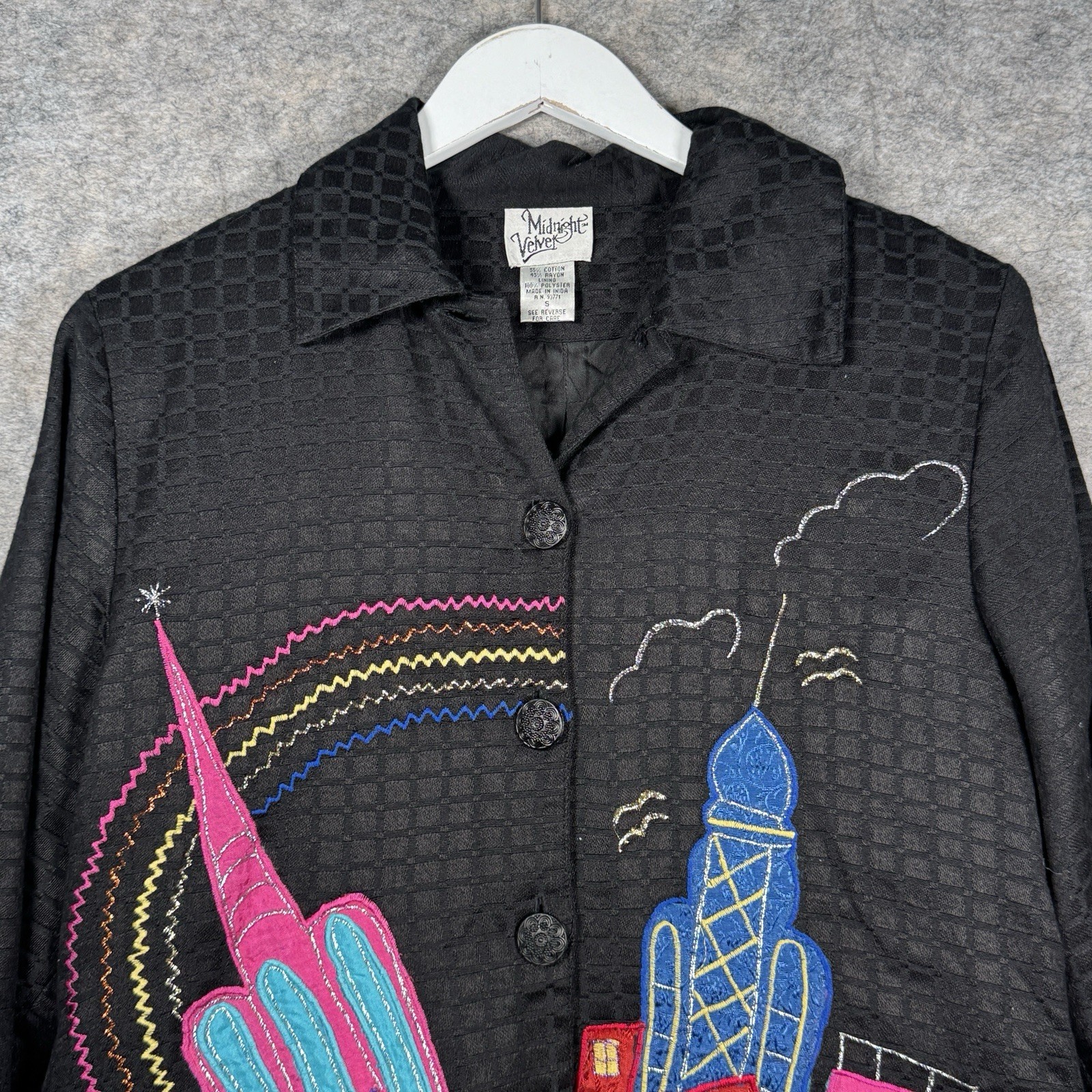 Vintage Womens Midnight Velvet Black Colorful Embroidered Jacket Size S 19×24