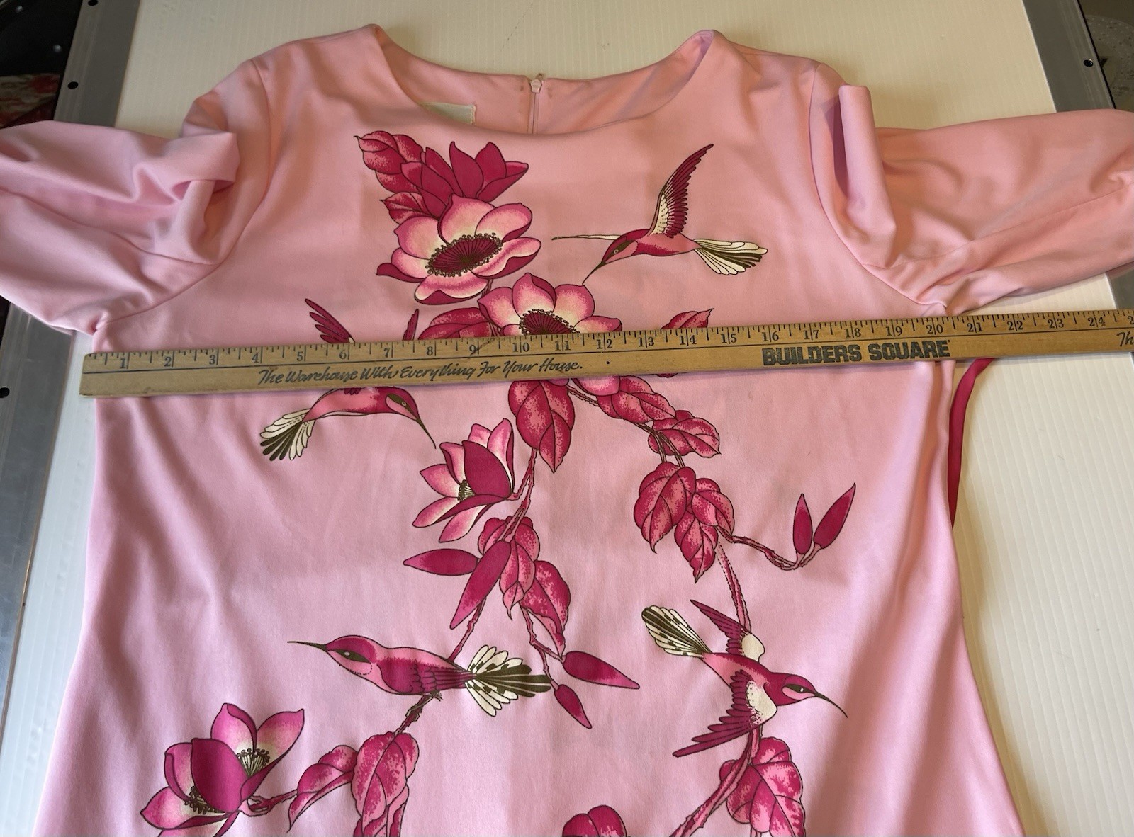 VTG Miss Shaheen Hawaiian 70s Pink Floral Hummingbird Sheath Belted Dress