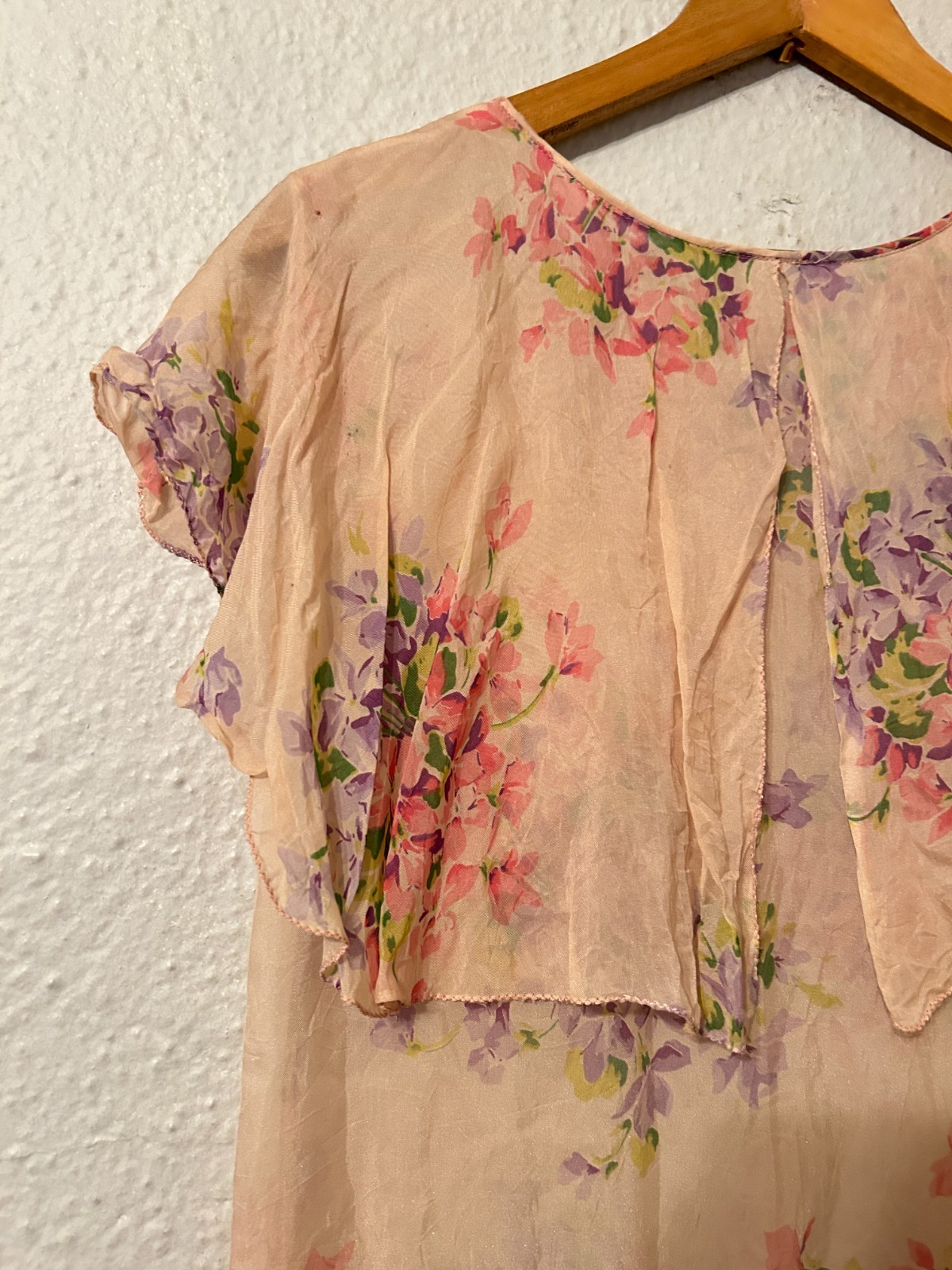 Antique 1920s 1930s Floral Print Rayon Sheer Dress Cape Top Ruffle Drop Waist