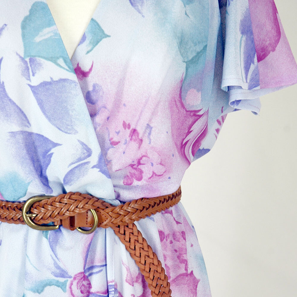 Vintage 1970s Dress Pink & Aqua Blue Spring Floral Print Midi Wrap Sundress