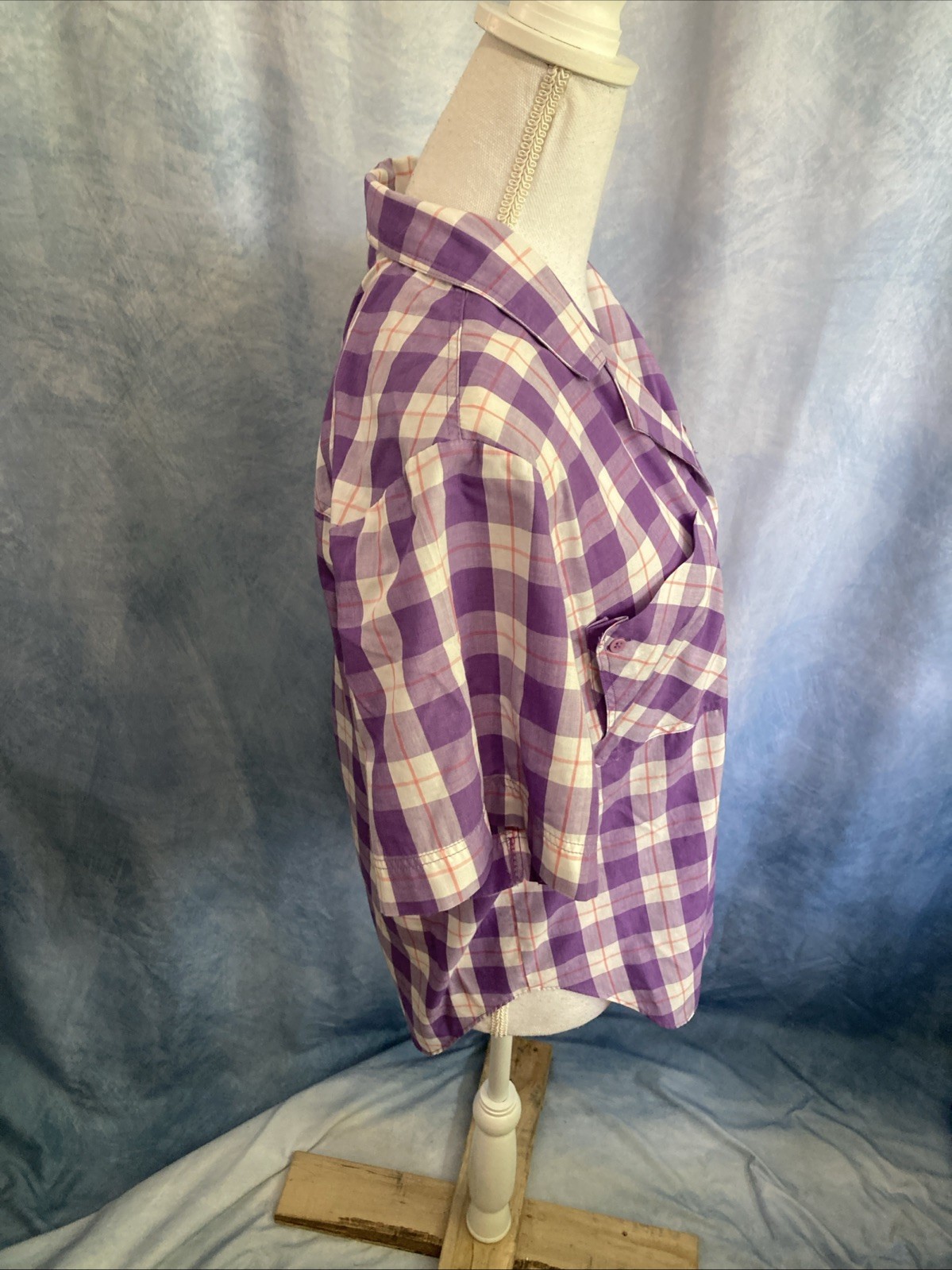 VTG 80s 90s Easton Park Plaid Camp Shirt Blouse Top Purple Gingham Collar Grunge