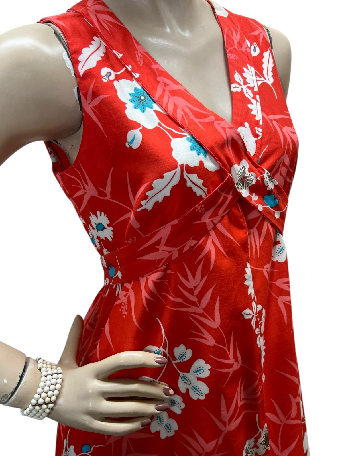 Sz M Vtg 70s Maxi Dress Cross Tie Coral Floral Polished Cotton Center Split