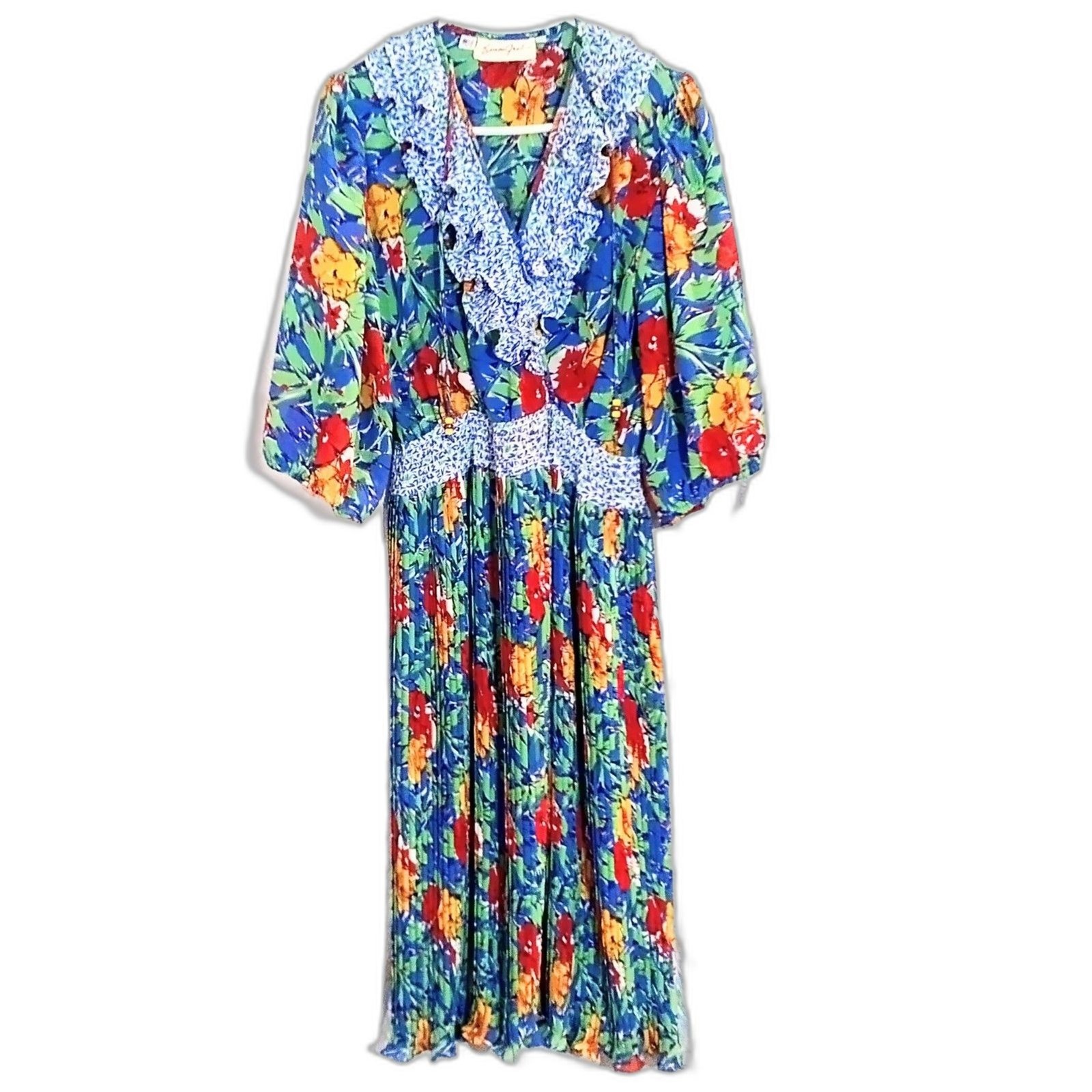 Vintage Susan Freis 1980s Bright Floral Pleated Midi Dress Size M