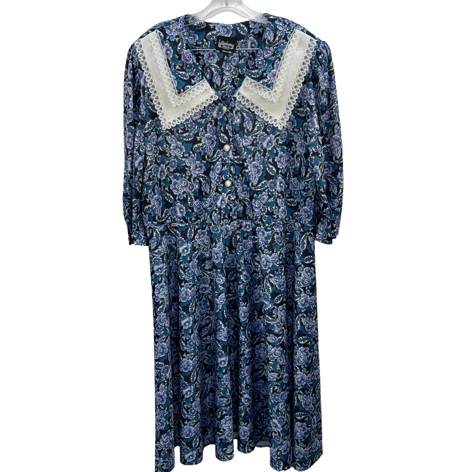 Whirlaway Frocks Blue Floral Long Sleeve Prairie Dress with Lace Collar Size 20
