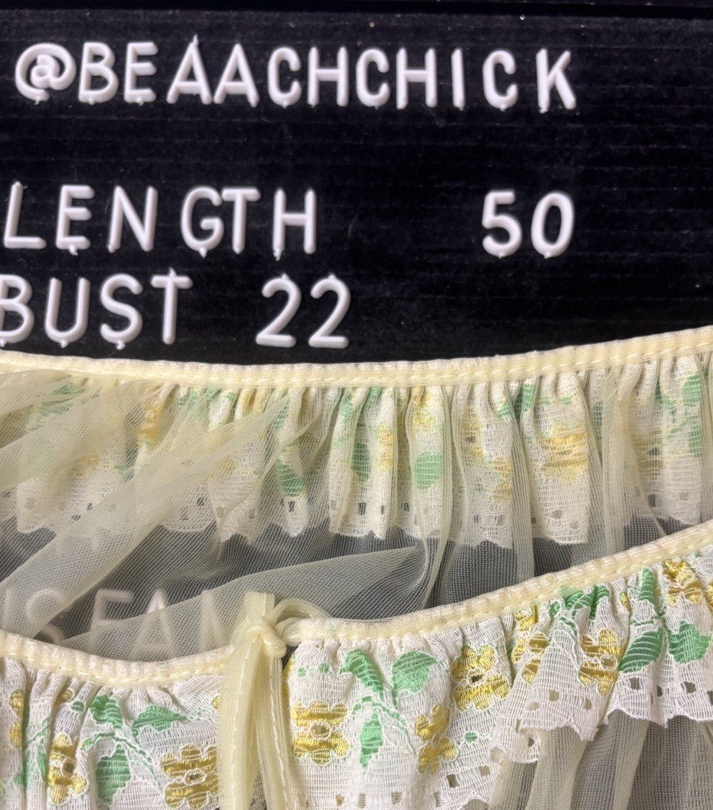 Vintage Mistra Nylon Peignor Robe Yellow Medium Green Floral Lace Tie Front