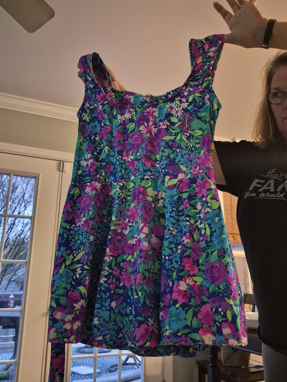 Gabar Vintage Swimsuit Dress Playsuit One Piece Blue Floral Size 18 Tropical