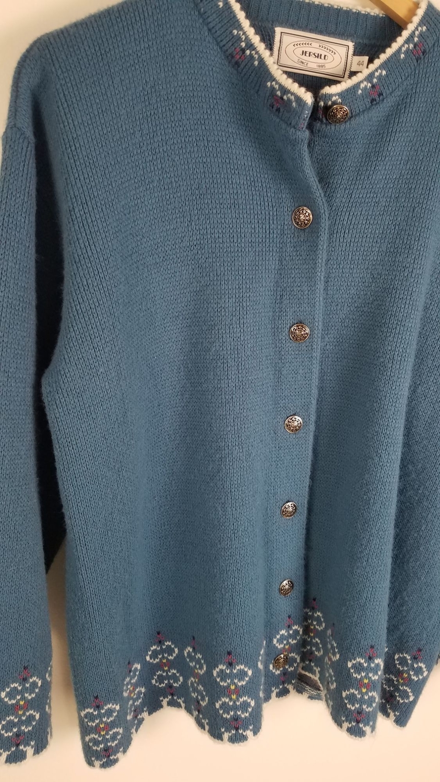 Vintage Jersild Women’s Sz. 44/12 Cardigan Sweater Blue Knit & Scallop Detail
