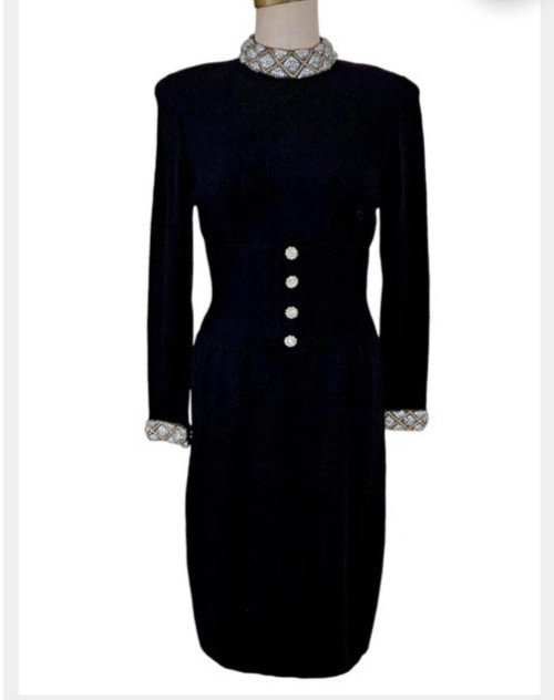 VTG 80’s Cocktail Dress Black Wool Knit Sz 2 DON SAYRES For Wellmore Embellished