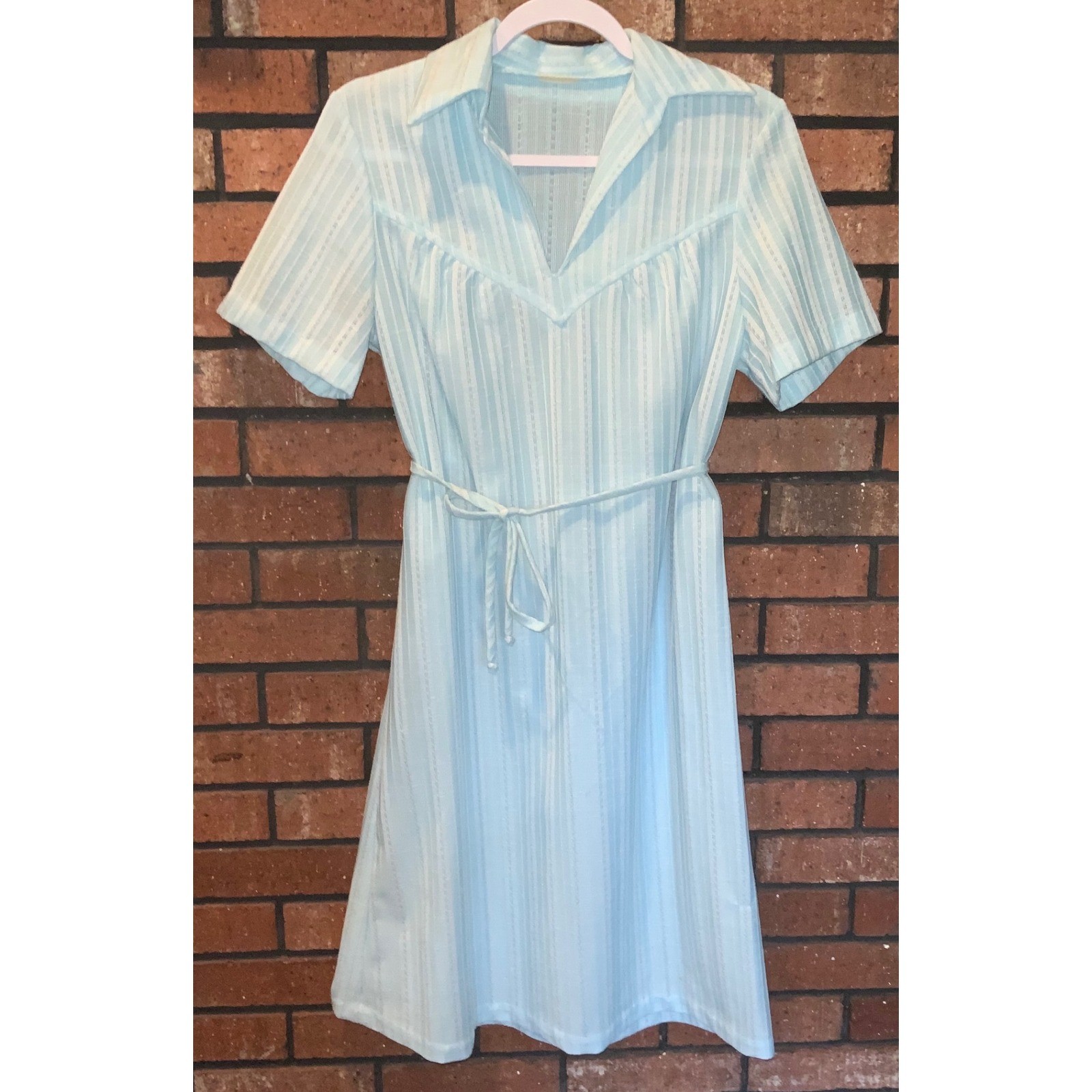 Vintage 60s 70s Light Blue Striped Collared A-Line Dress Short Sleeve Blue White