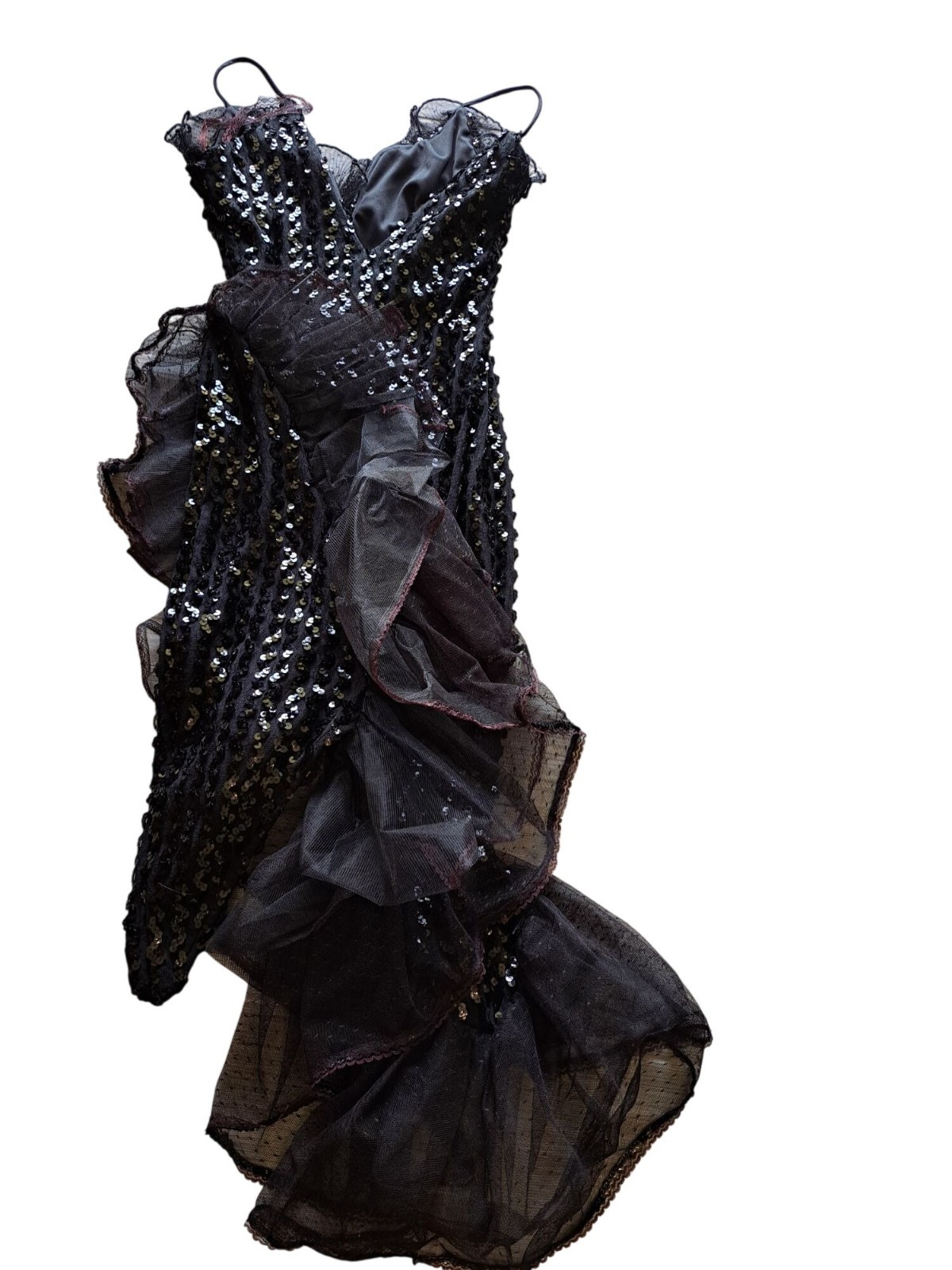 Vintage Karen Okada Climax Black Sequin Tulle Dress Size S 5/6 USA Asymmetrical