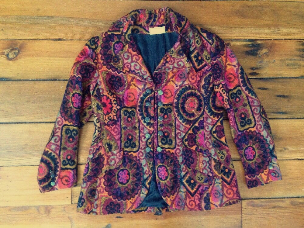 Vtg 70s Saks Fifth Ave Pewter Button Military Brocade USA Union Made Coat S-M