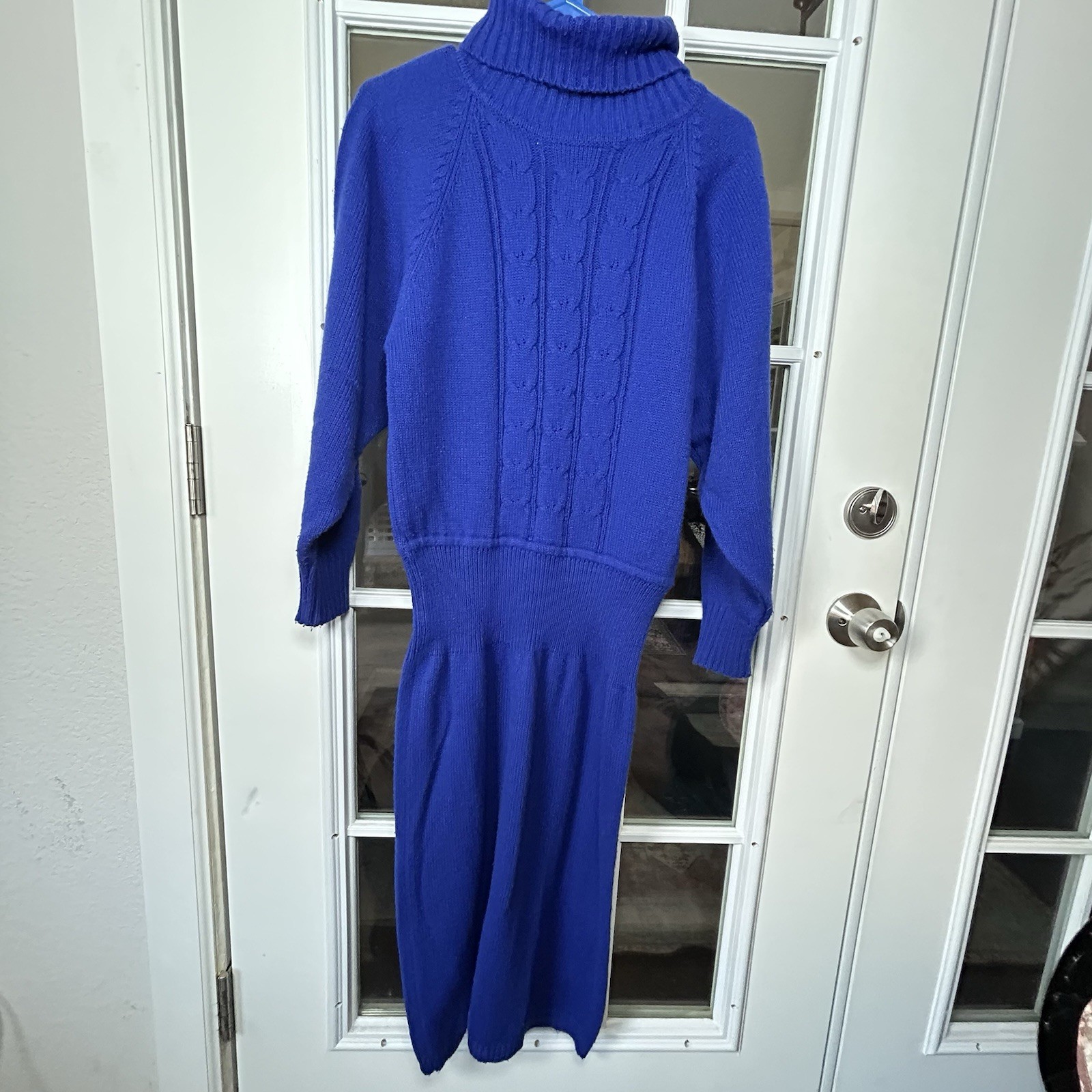 Vintage 1980’s Cobalt Blue Sweater Dress Drop Waist Size Large Turtleneck