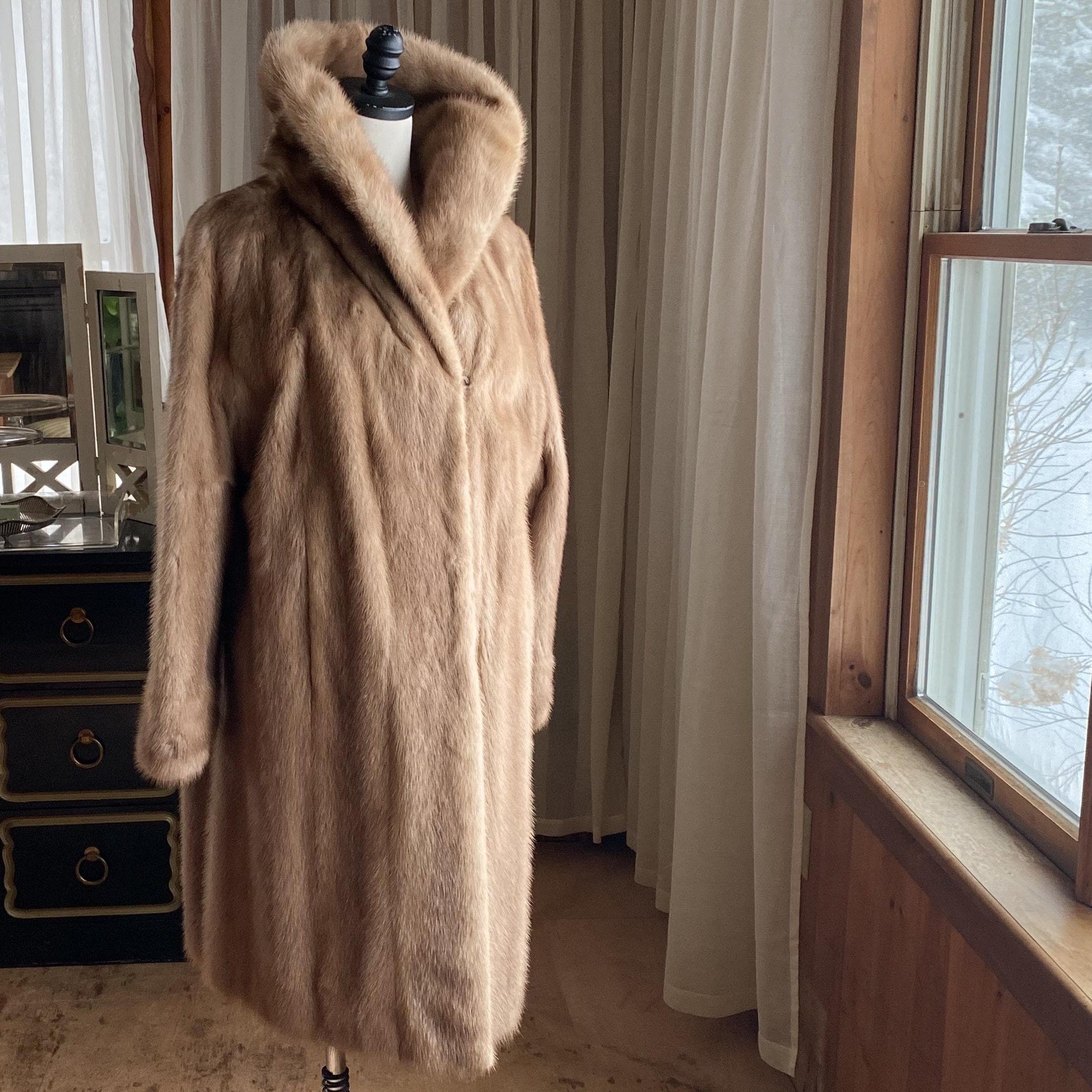 Vintage 60s mink coat midi autumn haze light brown shawl collar 46” bust EUC