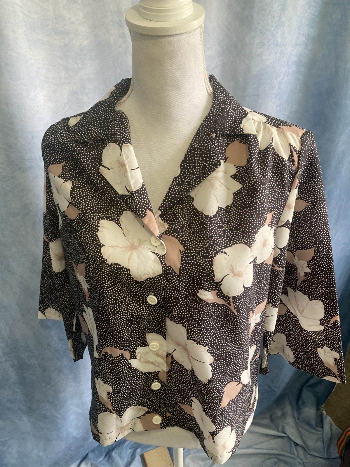 Vintage 70s Alicia Polyester Boxy Cropped Floral Blouse EUC S/M Boho Career
