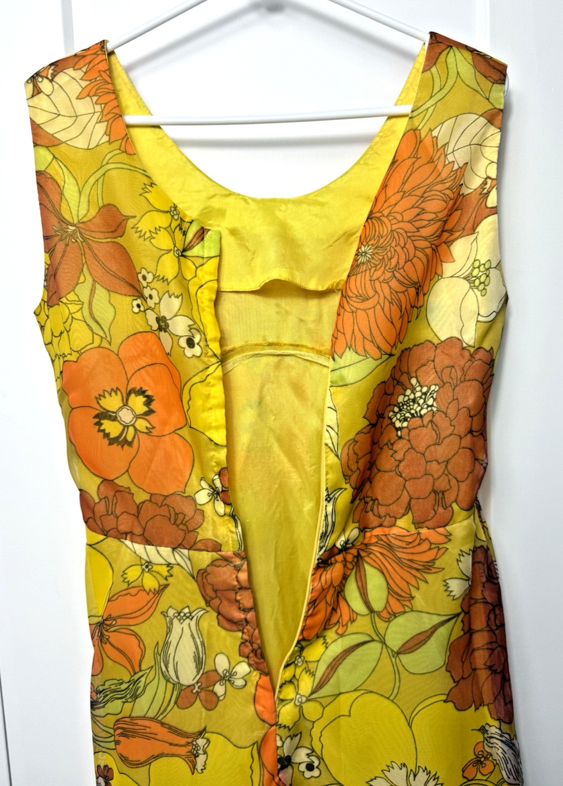 Vtg 60’S Groovy Orange Yellow Sheer Floral Maxi Dress Stiff Chiffon Long Jacket