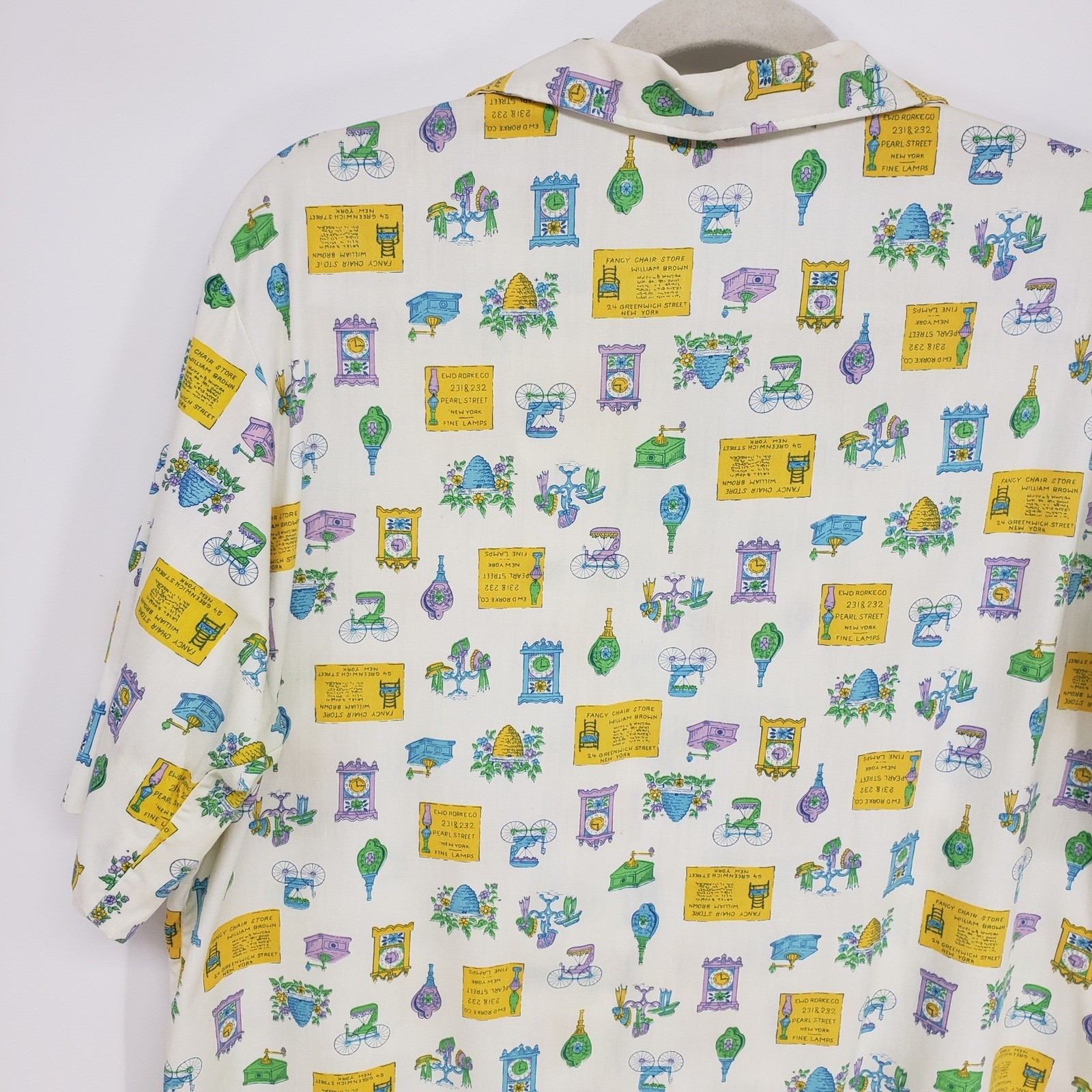 Vintage 70s Novelty Antique Print Button Up Shirt Women L 40 White Yellow Kitsch