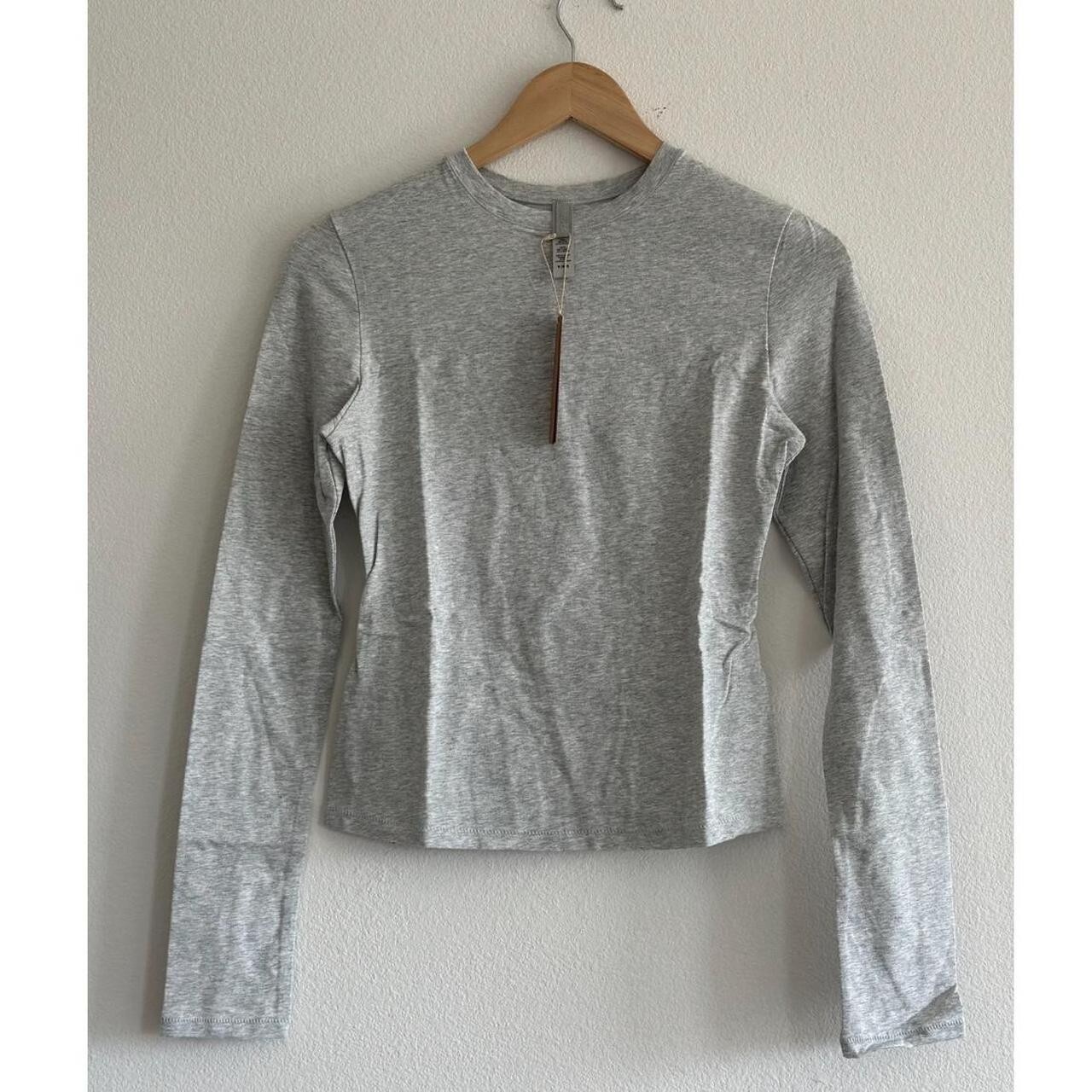 Skims Cotton Jersey Long Sleeve T-Shirt in Light Heather Grey | Size M Medium