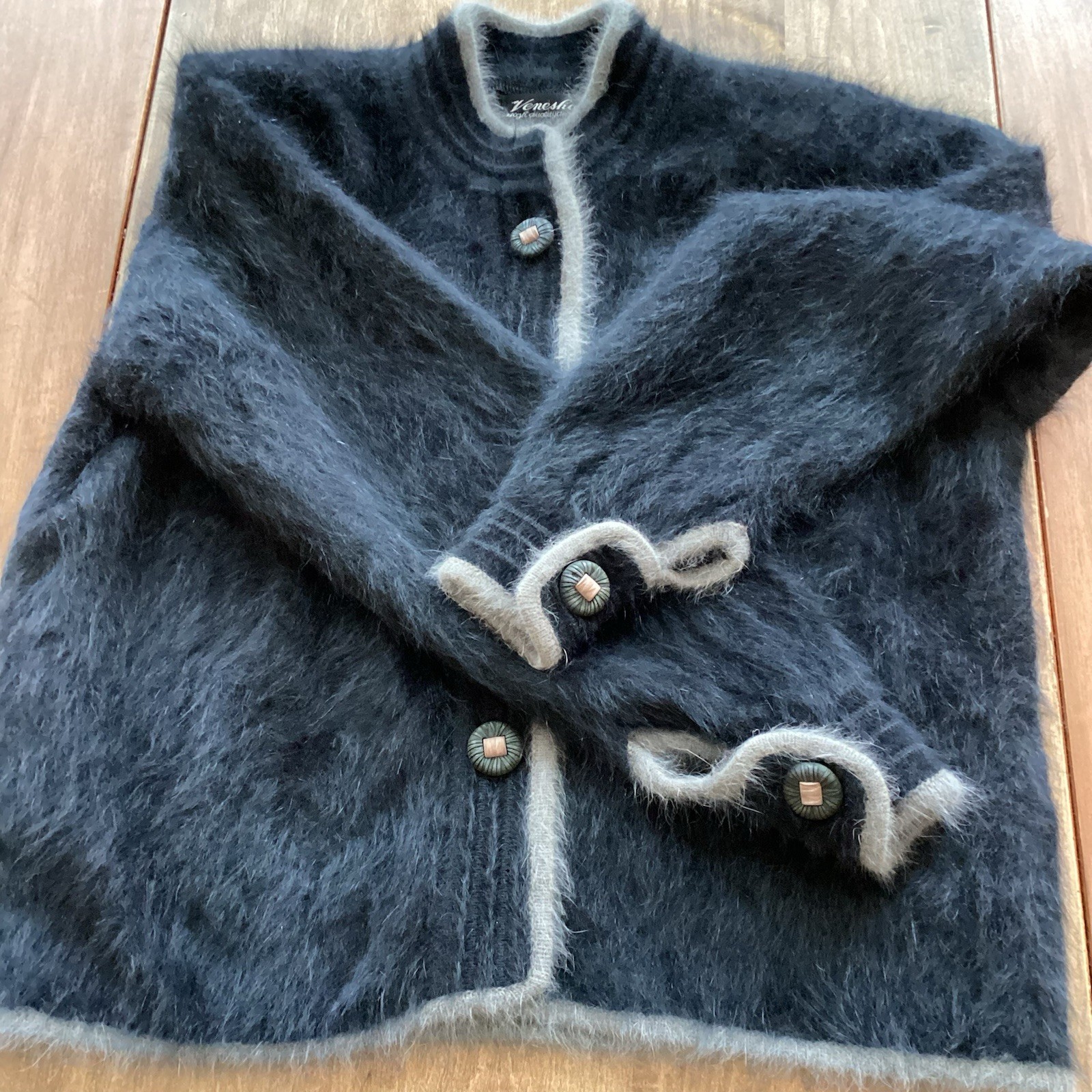 Vintage Venesha Jacket Angora Rabbit Hair Black Gray Button Up Cardigan Size L