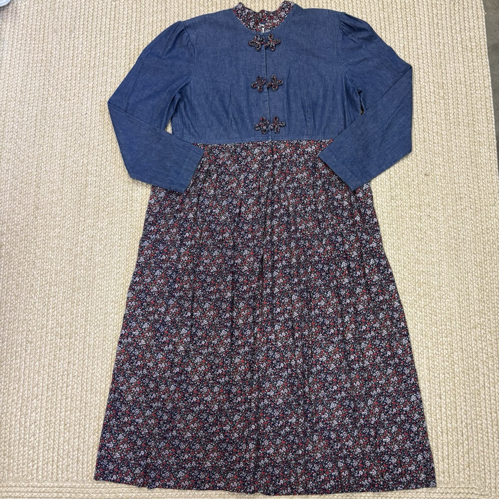 Vintage Leslie Lucks Prairie Dress Chambray Floral Calico Maxi USA Size 16