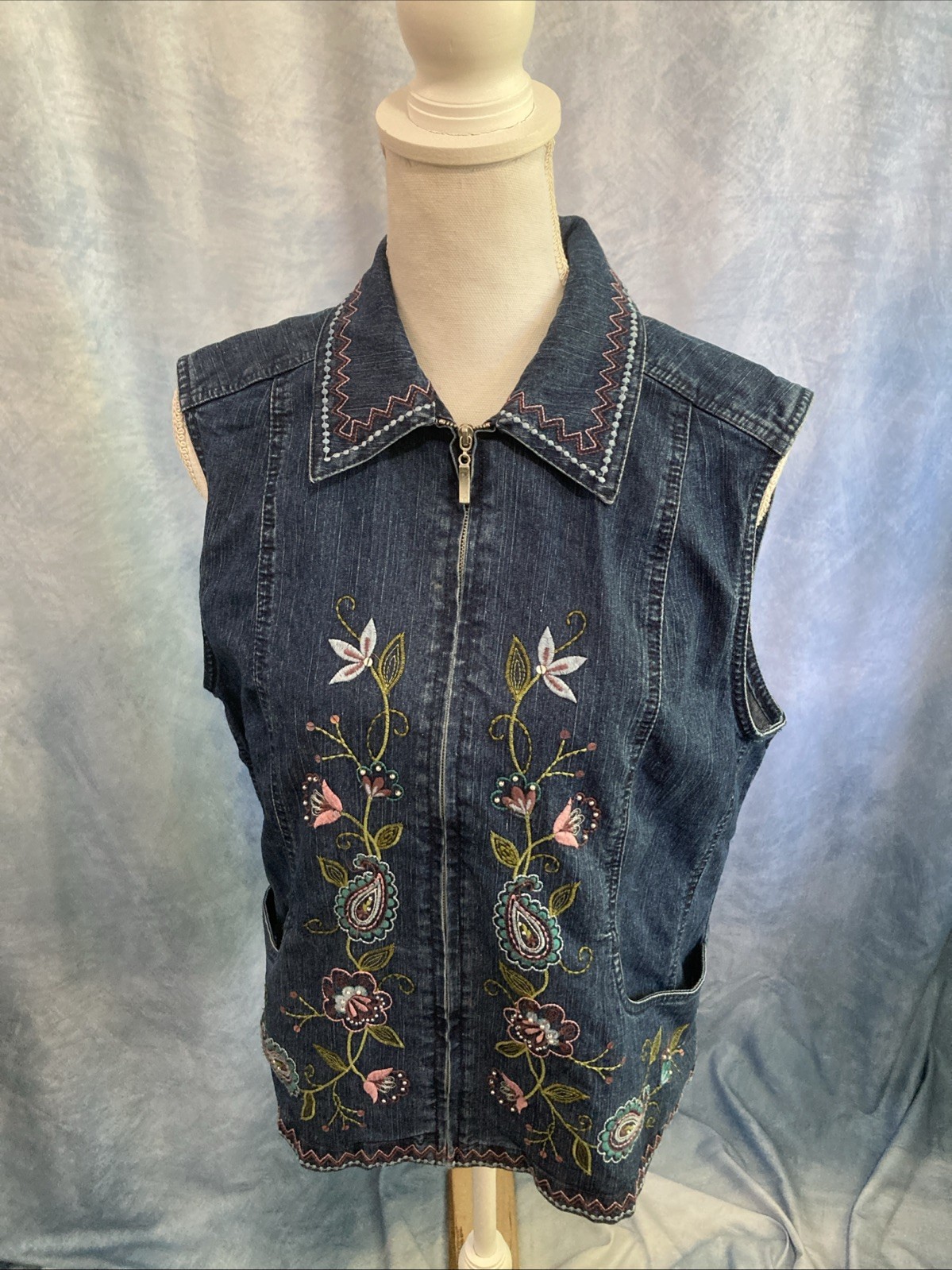 Vtg 90s Y2K Alfred Dunner Embroidered Denim Vest Granny Cottagecore Floral Sz 8