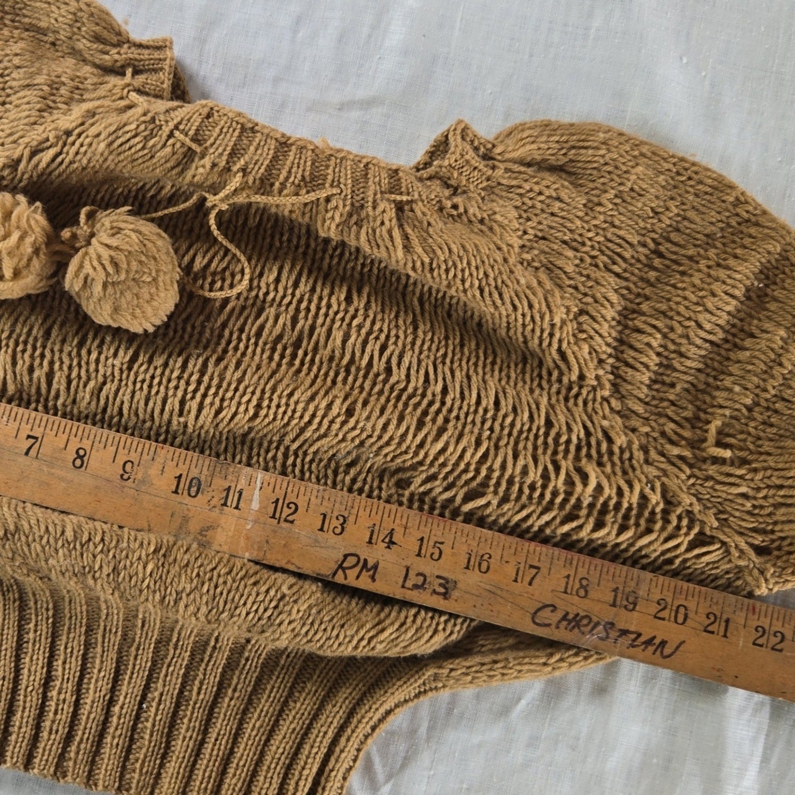 VTG Handmade Cropped Sweater Women’s S Brown Knit Pom Pom Ribbed Distressed USA