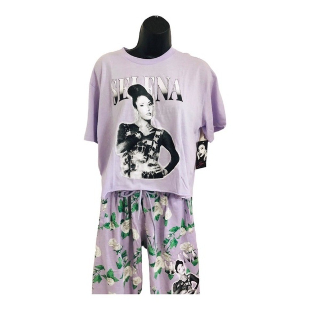 Selena purple white green floral crop shirt & joggers set size large brand new