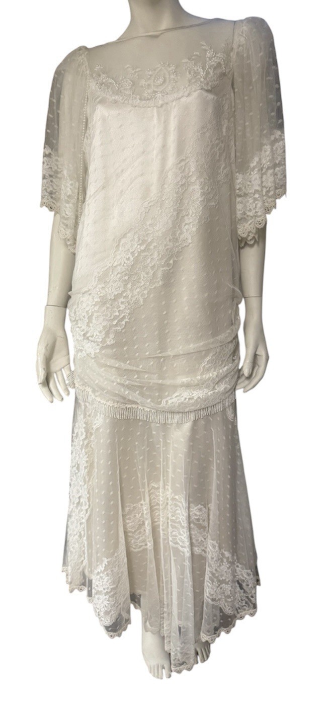 Vintage 80s Lorrie Kabala Lace Dress Bell Sleeve Boho Bridal New Size S M 8 Prom