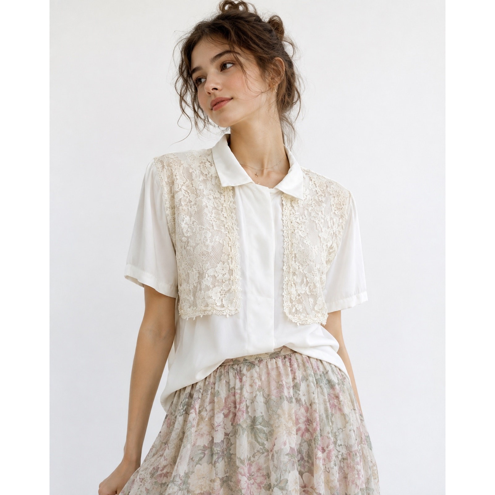 Vintage 80s White Lace Overlay Blouse Expose Romantic Short Sleeve Top S