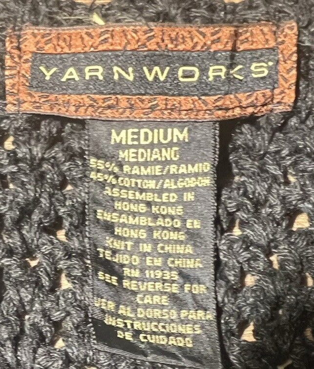 Vtg Yarnworks Crochet Vest Womens M Black Floral Scalloped Boho Open Knit Hippie