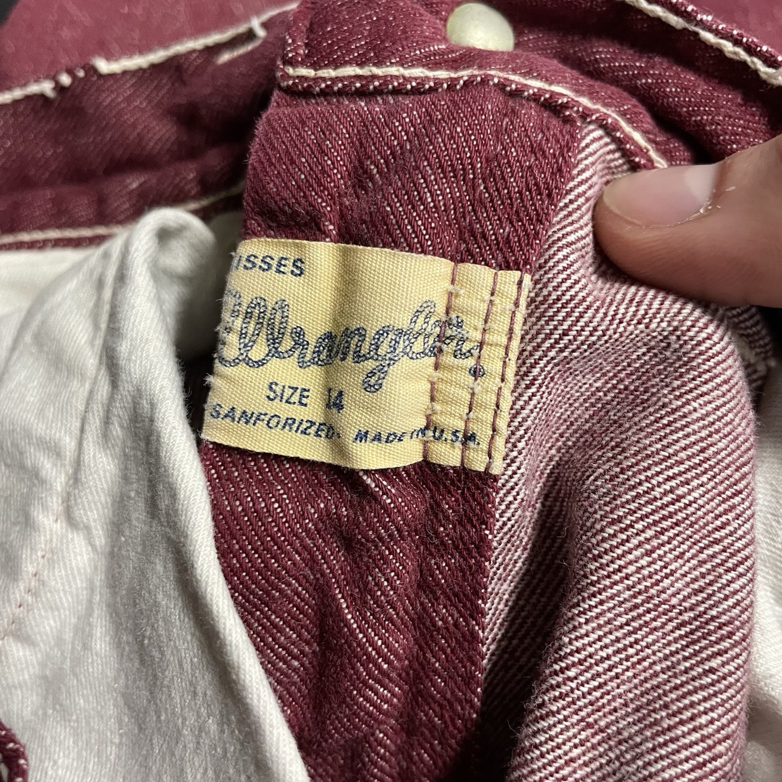 Vtg 50’s 60’s Misses Wrangler Sanforized Women’s Denim Jeans Maroon 24×26 14 USA