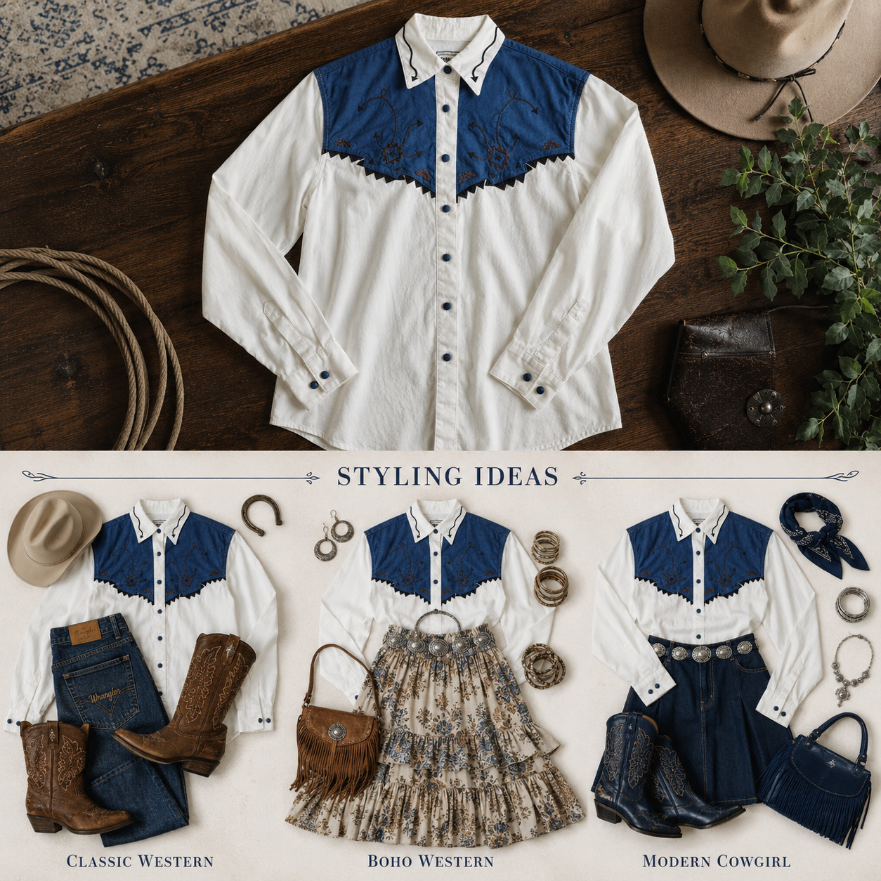Vtg Wrangler Western Wear Women M Shirt Blue White Embroidered Contrast Yoke 90s