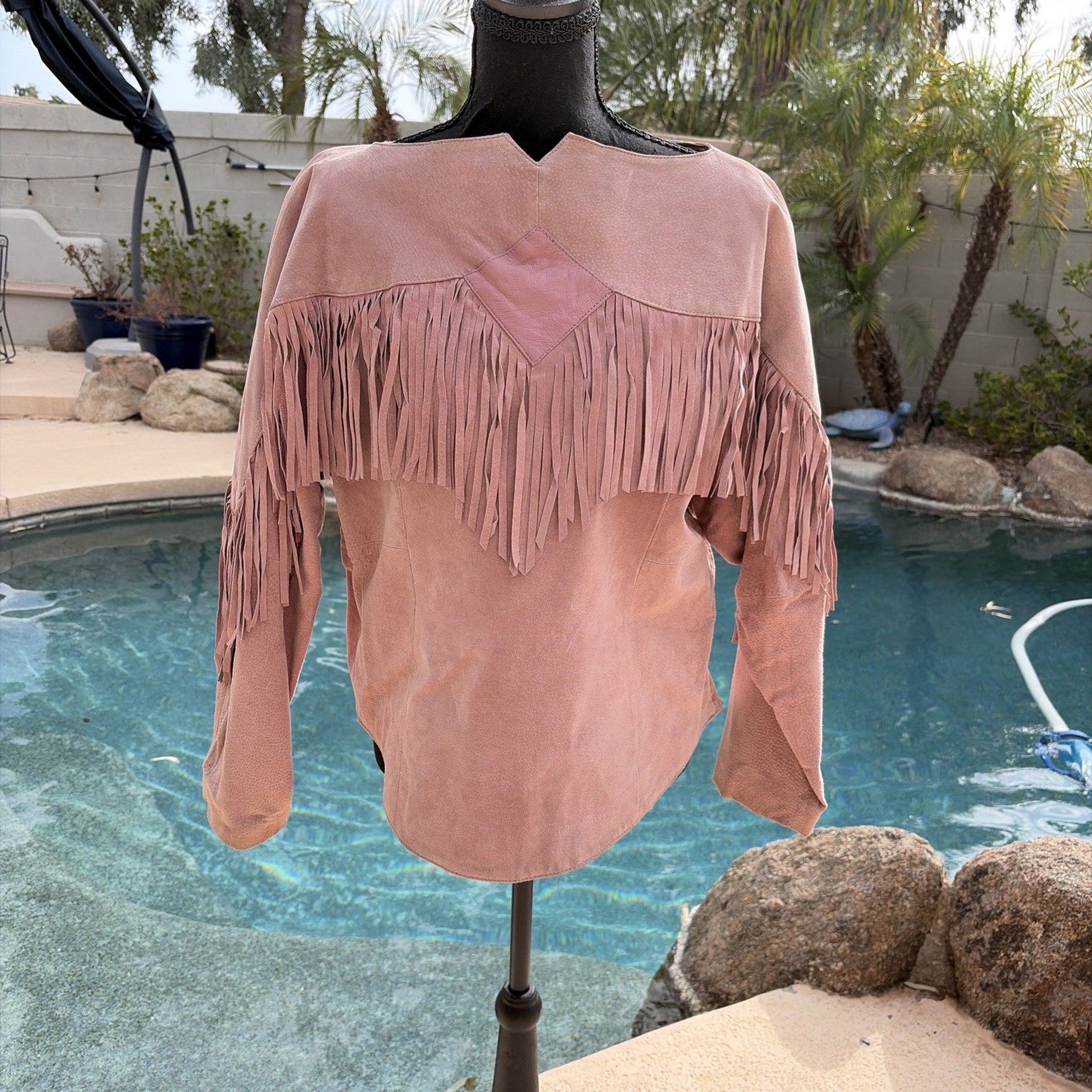VTG Pioneer Wear Pink Suede Leather Fringe Western Pullover Top S-14 Medium Boho