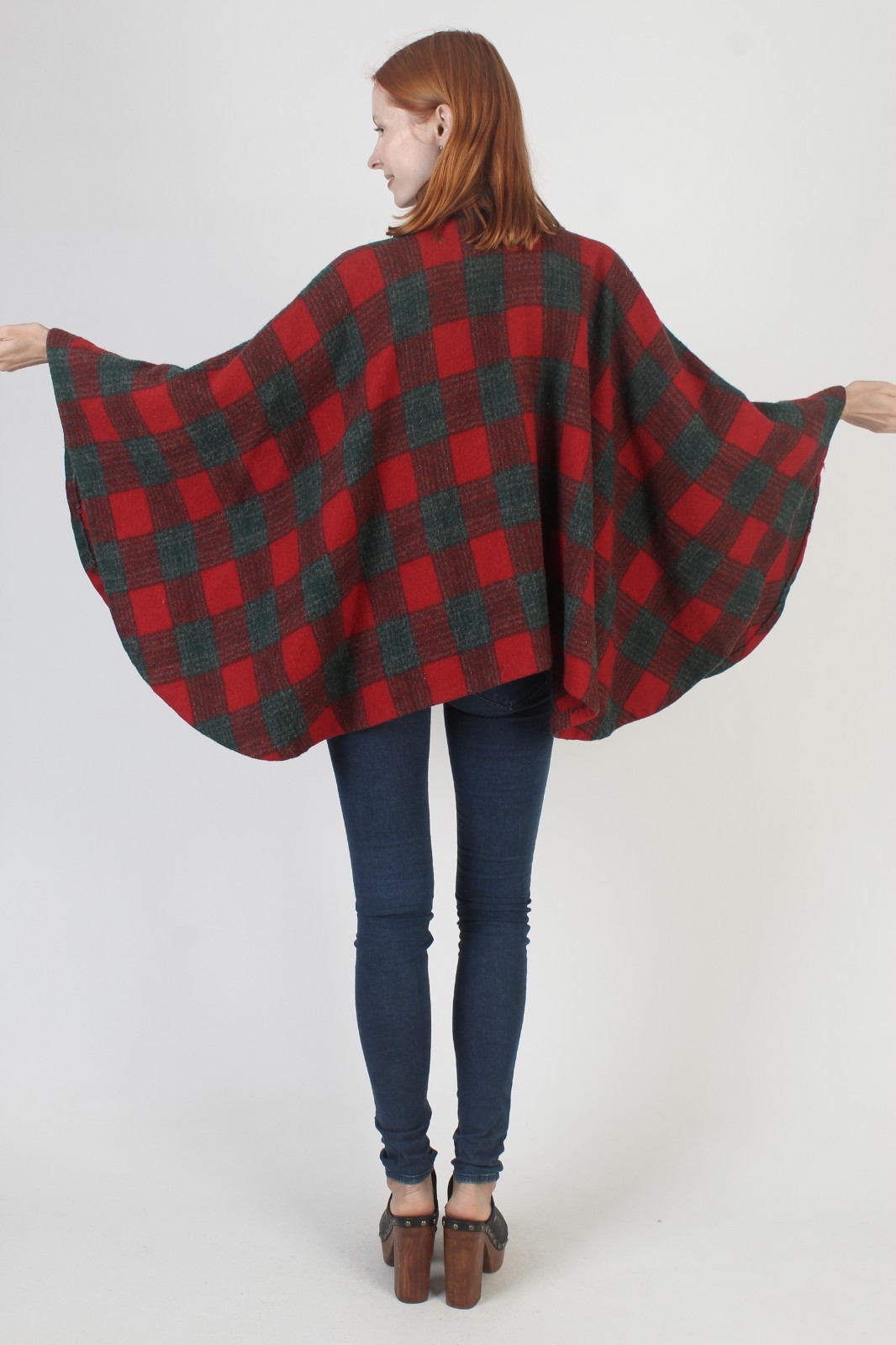 Vintage 50s Tartan Plaid Cape Gingham Holiday Wool Cocoon Poncho Coat Jacket