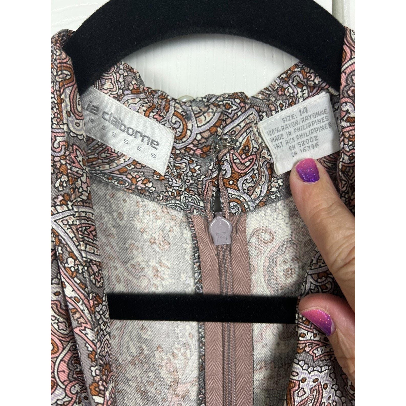 Liz Claiborne Paisley Midi Dress Vintage Boho Dark Academia Gray Rayon M 8/10