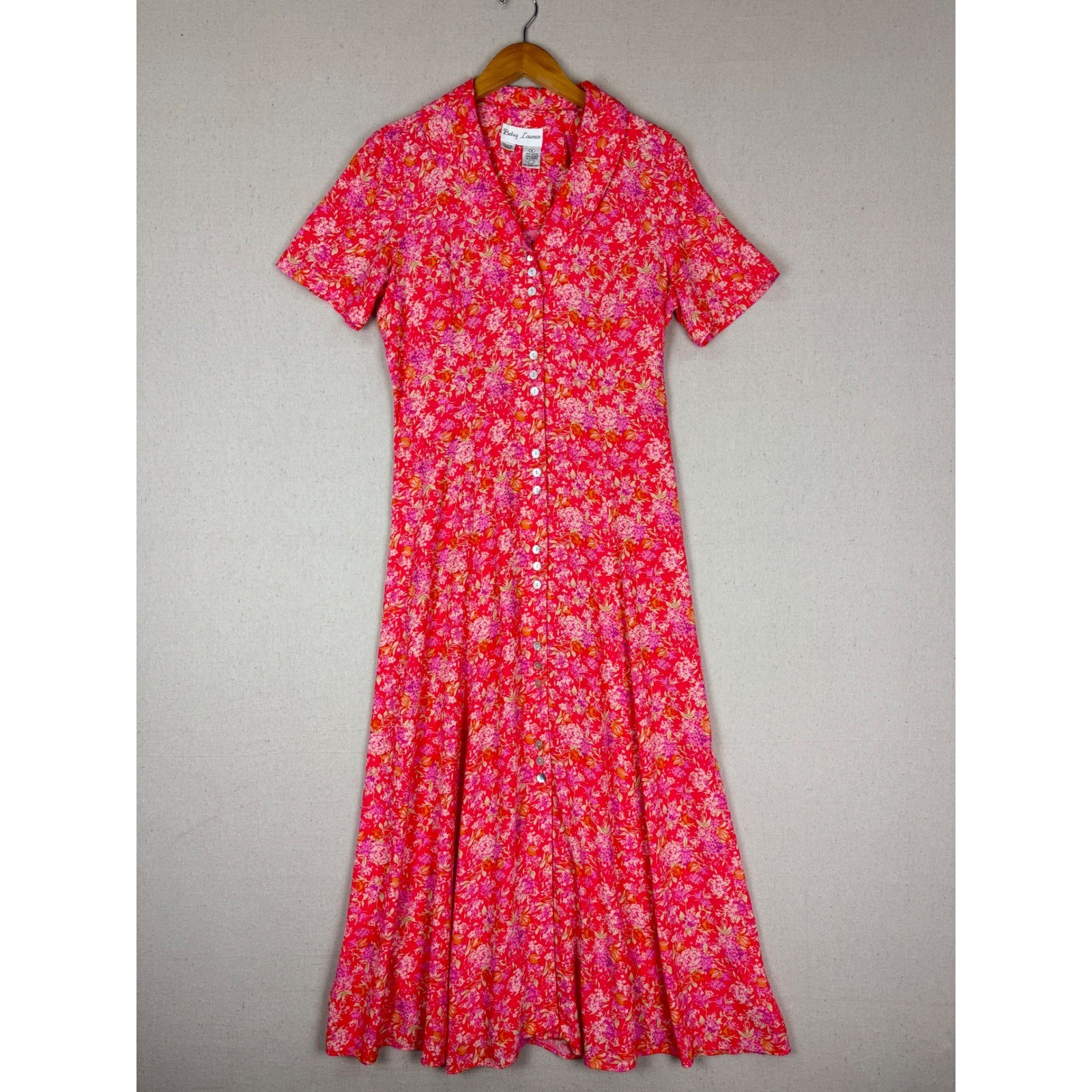 Betsy Lauren Vintage 90s Pink Floral Rayon Maxi Dress Cottagecore 8 1990s Garden