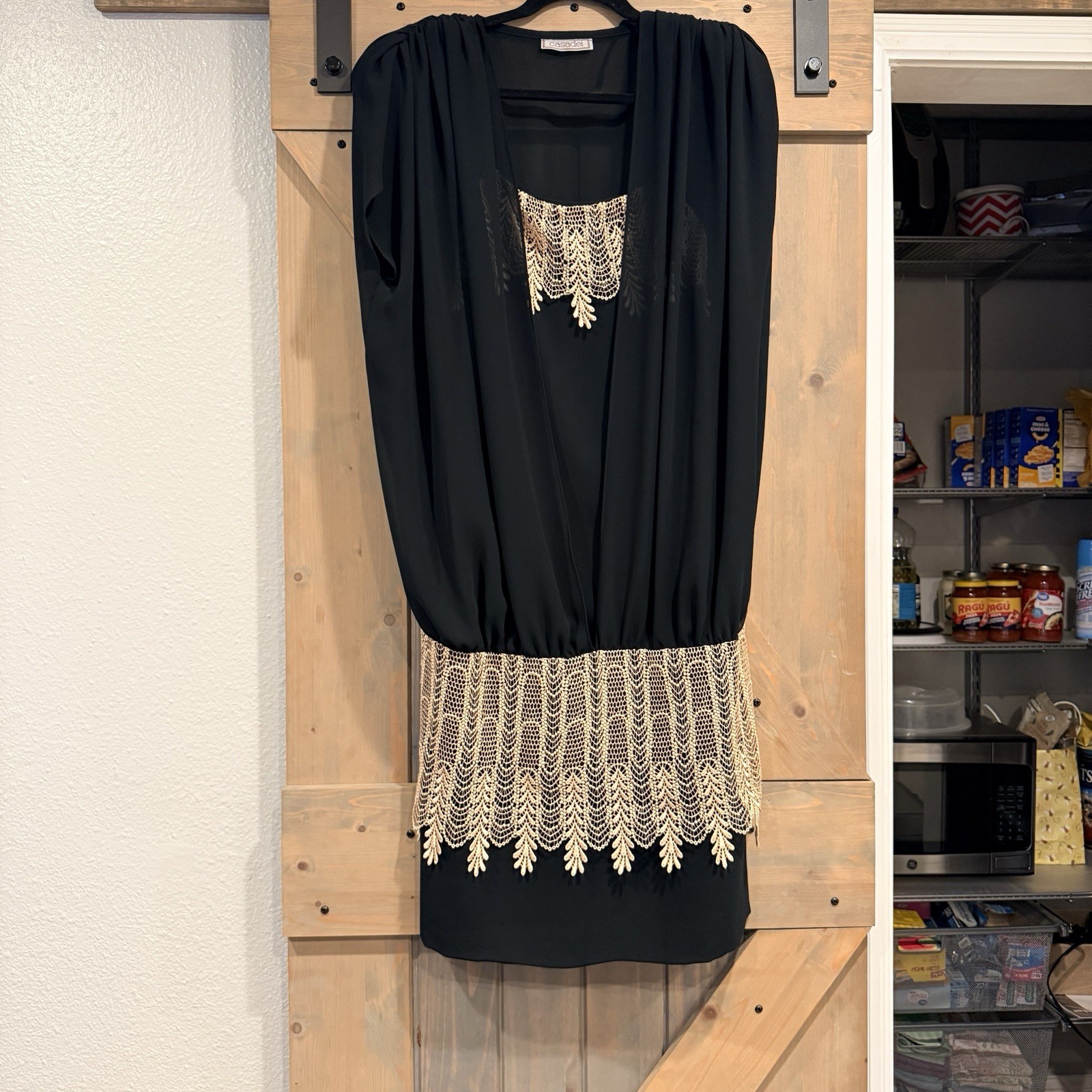 Vintage Casadel Black Cocktail Dress Lace Overlay Art Deco Sheer Sleeve Small