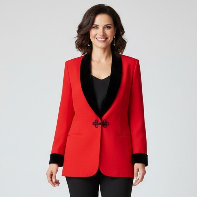 Vintage Valerie Stevens Red Wool Blazer Womens 2 Black Velvet Trim Jacket