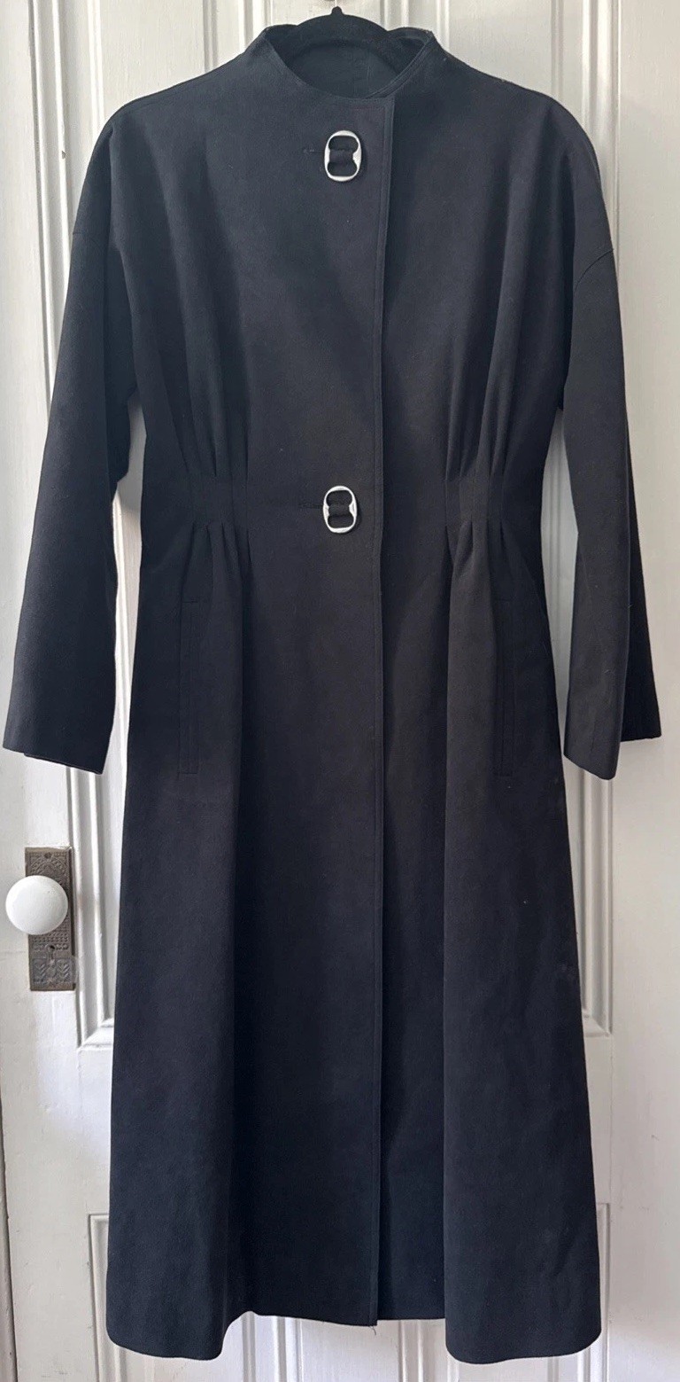 Vtg Pauline Trigere Black Faux Suede Midi Coat, Silver Buttons- Size 8