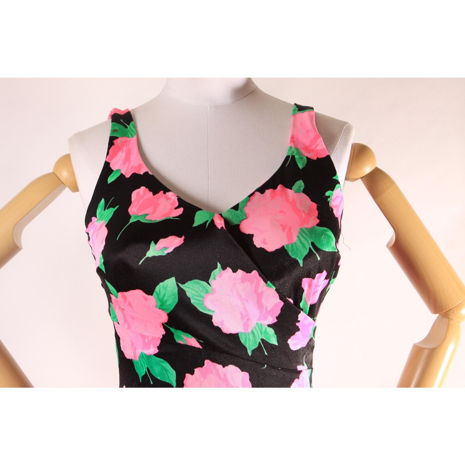 1970s 1980s Black Pink Green Floral One Piece Swimsuit by Maxine of Hollywood