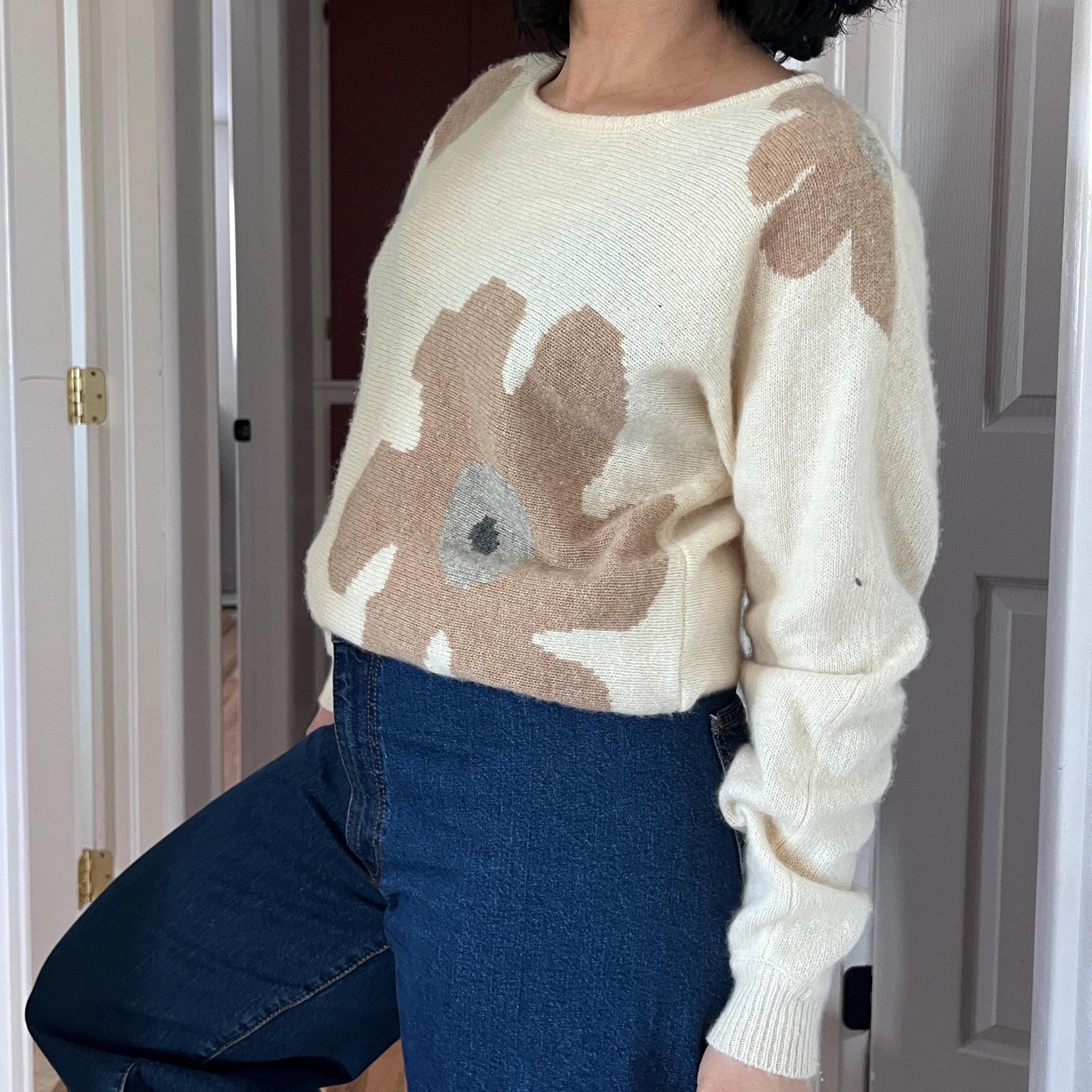 Vintage 90s Cashmere Blend Oversized Floral Sweater Cream Neutral Cottagecore M